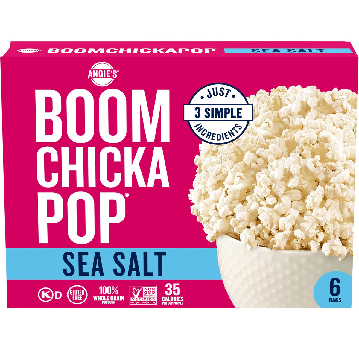 BOOMCHICKAPOP Angie's Sea Salt microwave popcorn box, ready for quick movie nights