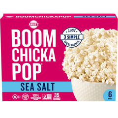 BOOMCHICKAPOP Angie's Sea Salt microwave popcorn box, ready for quick movie nights