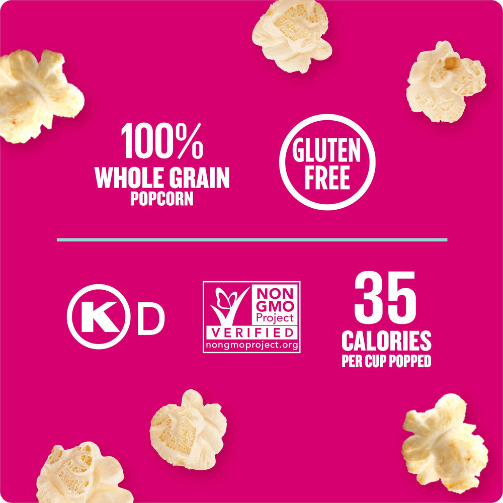 Close-up of fluffy Angie's kettle corn kernels after popping.