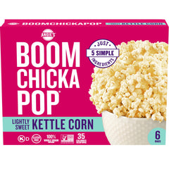 Angie's BOOMCHICKAPOP Lightly Sweet Kettle Corn bag for microwave snacking.