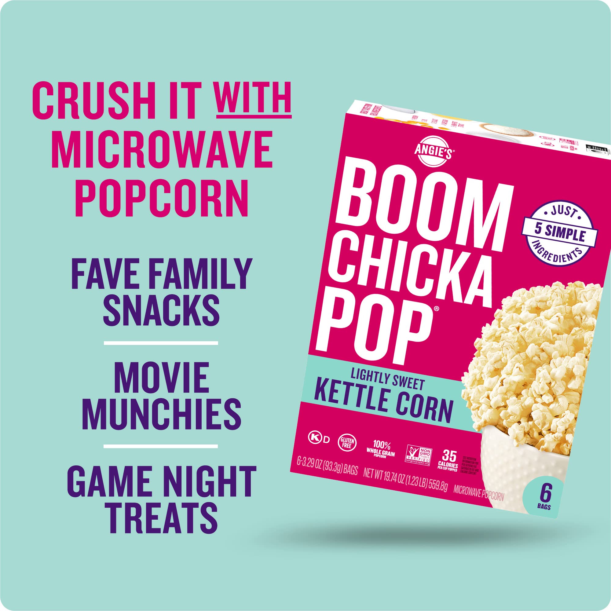 Angie's BOOMCHICKAPOP bag on pantry shelf, easy grab-and-go snack.