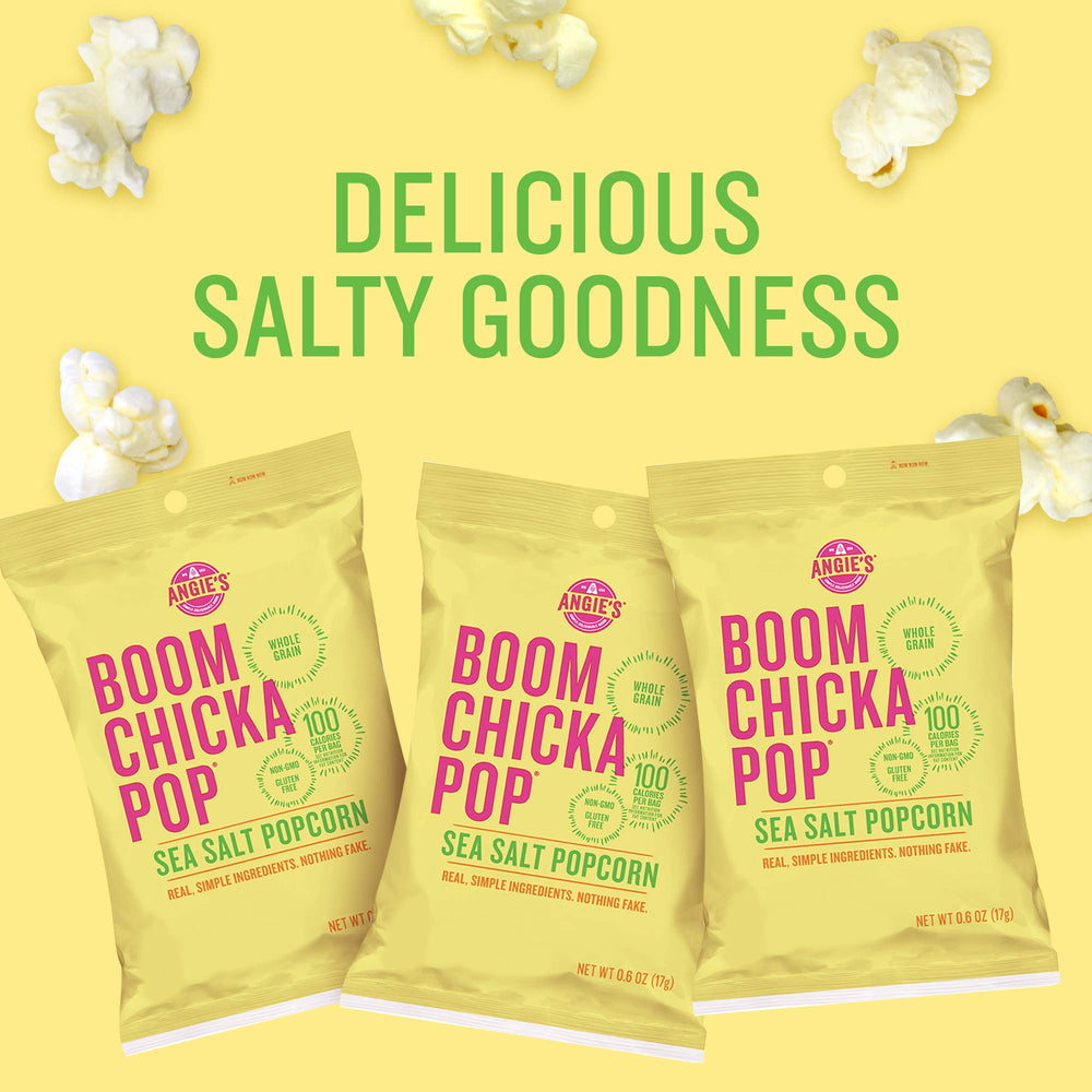 Angie's BOOMCHICKAPOP Sea Salt popcorn 24-pack display for sharing