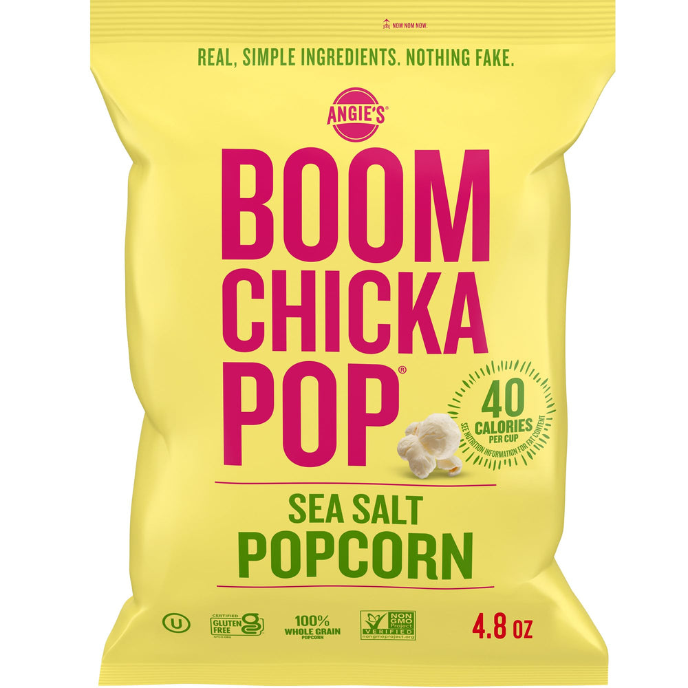 Angie's BOOMCHICKAPOP sea salt popcorn bag, gluten-free and vegan snack option.