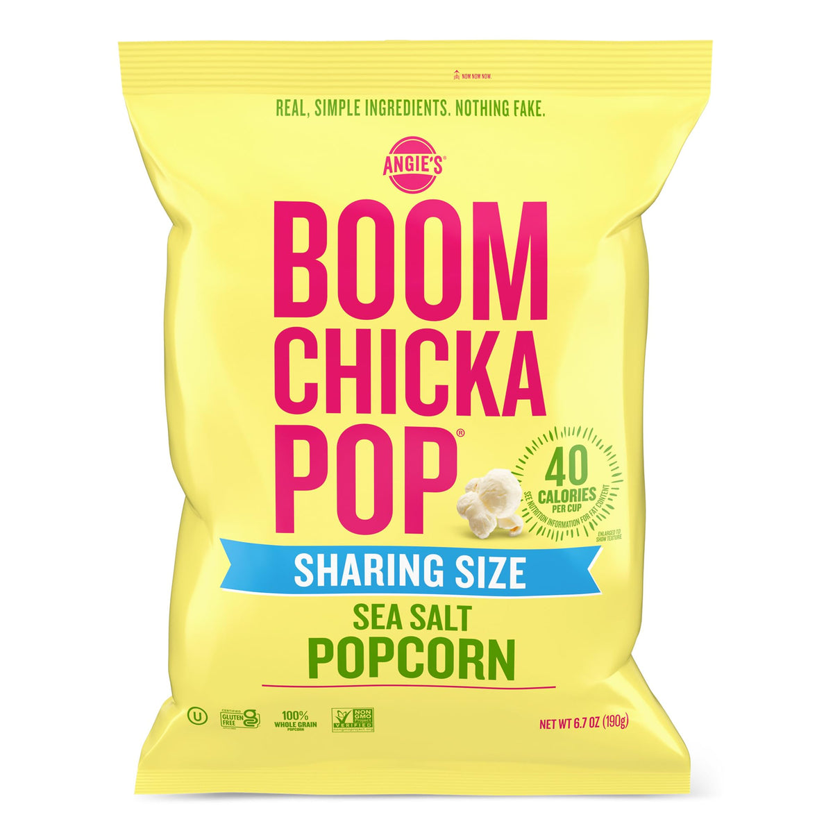 BOOMCHICKAPOP Sea Salt Popcorn bag shows gluten-free, simple ingredients for easy snacking.
