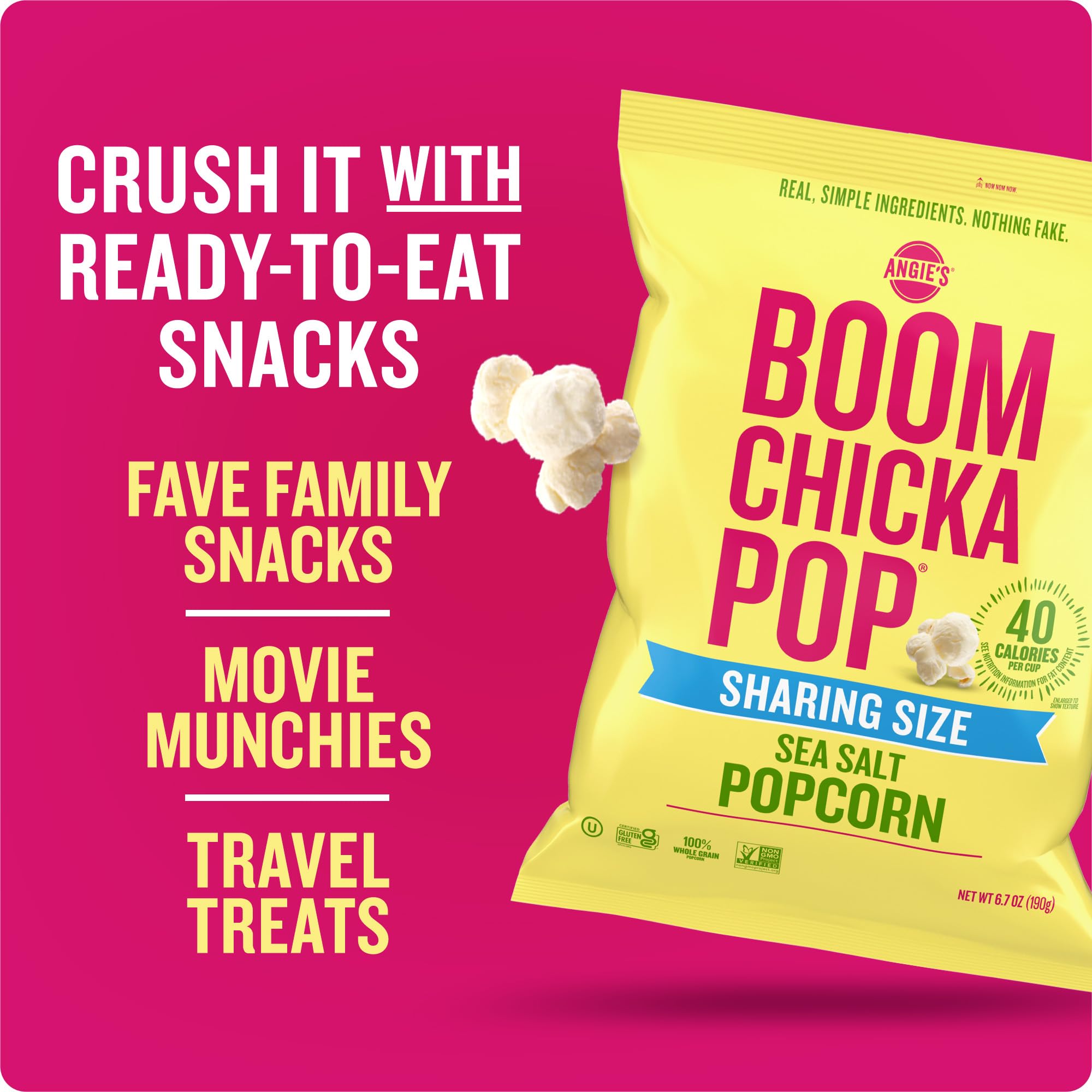 BOOMCHICKAPOP Sea Salt Popcorn Non-GMO Project Verified label visible.
