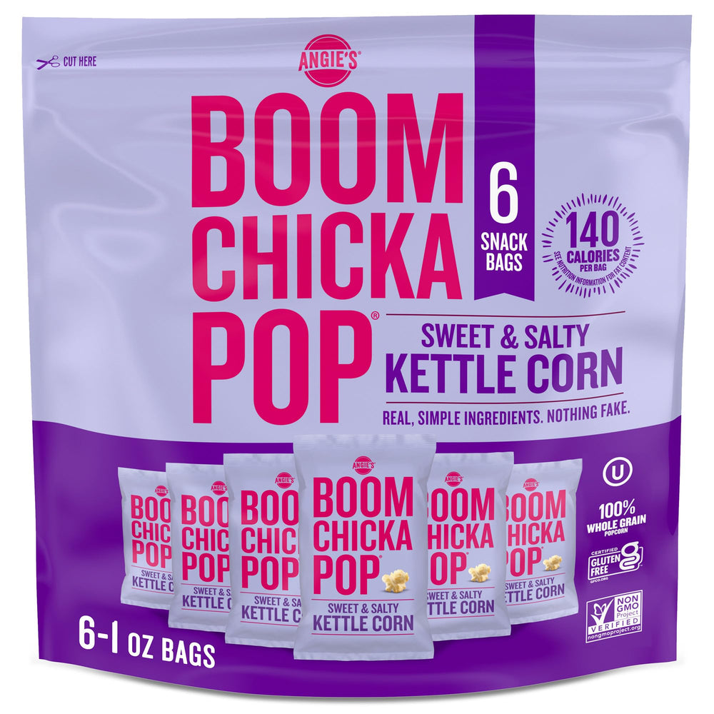 BOOMCHICKAPOP sweet and salty kettle corn 6-count pack, convenient snack.