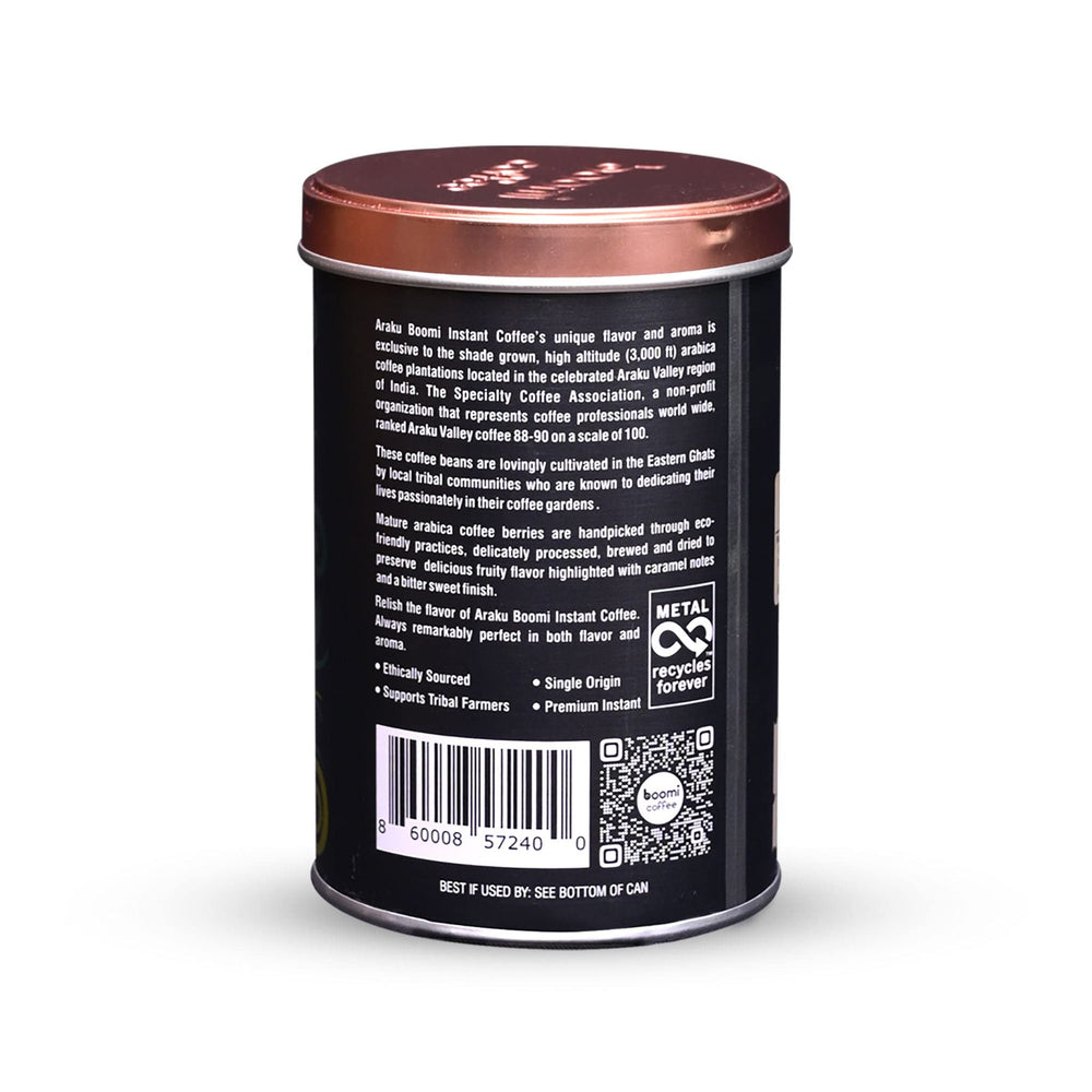Boomi Arabica beans closeup highlighting 100% Arabica quality for a smooth cup.