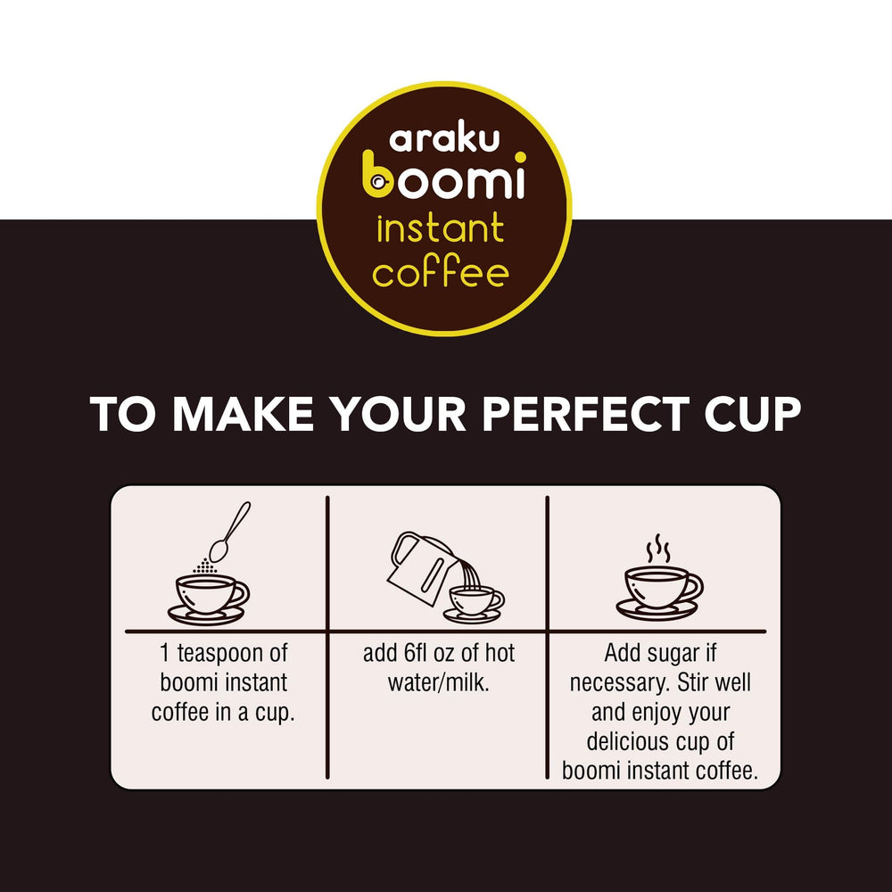 Boomi camping setup with instant coffee pack for outdoor brewing.
