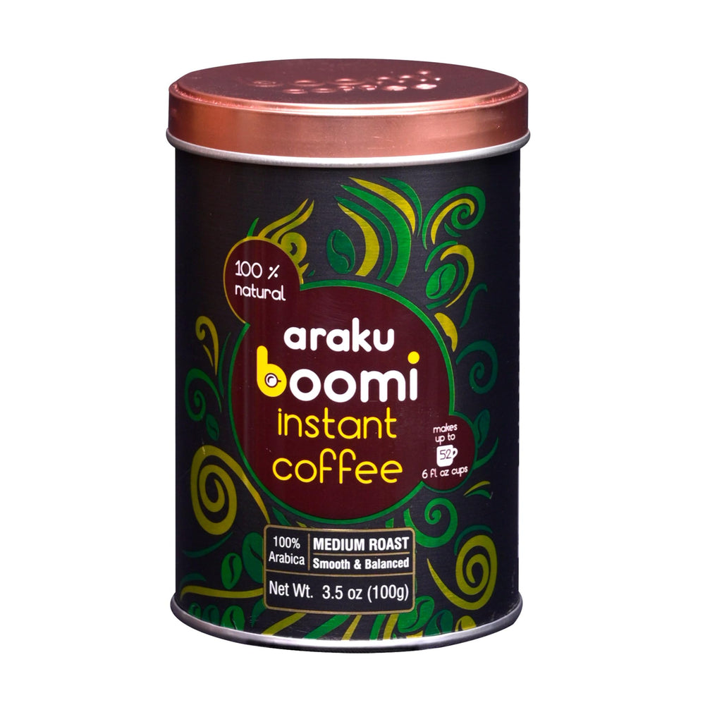 Boomi Premium Instant Coffee tin front view, ideal for home brewing on busy mornings.