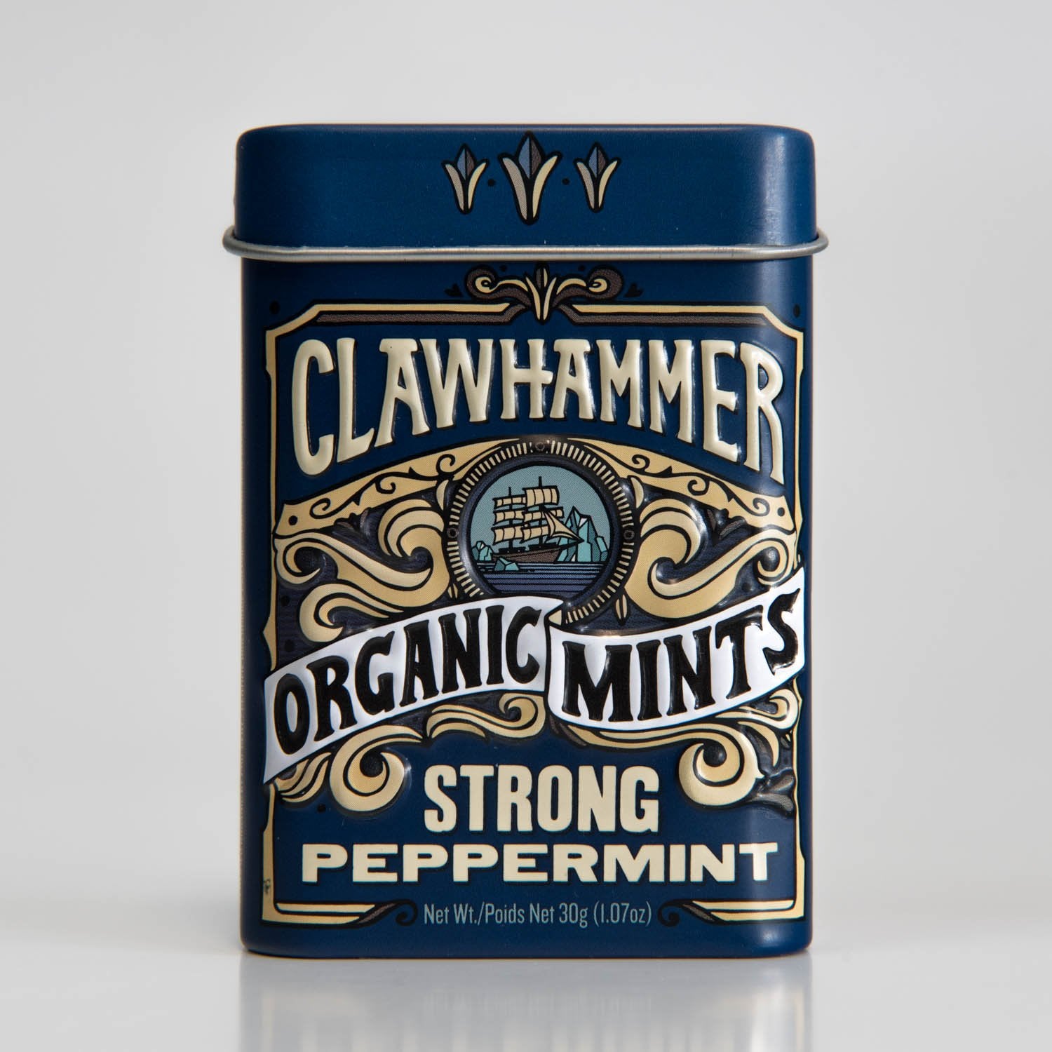 BoomQQ Clawhammer Mints tin front view for on-the-go freshness.