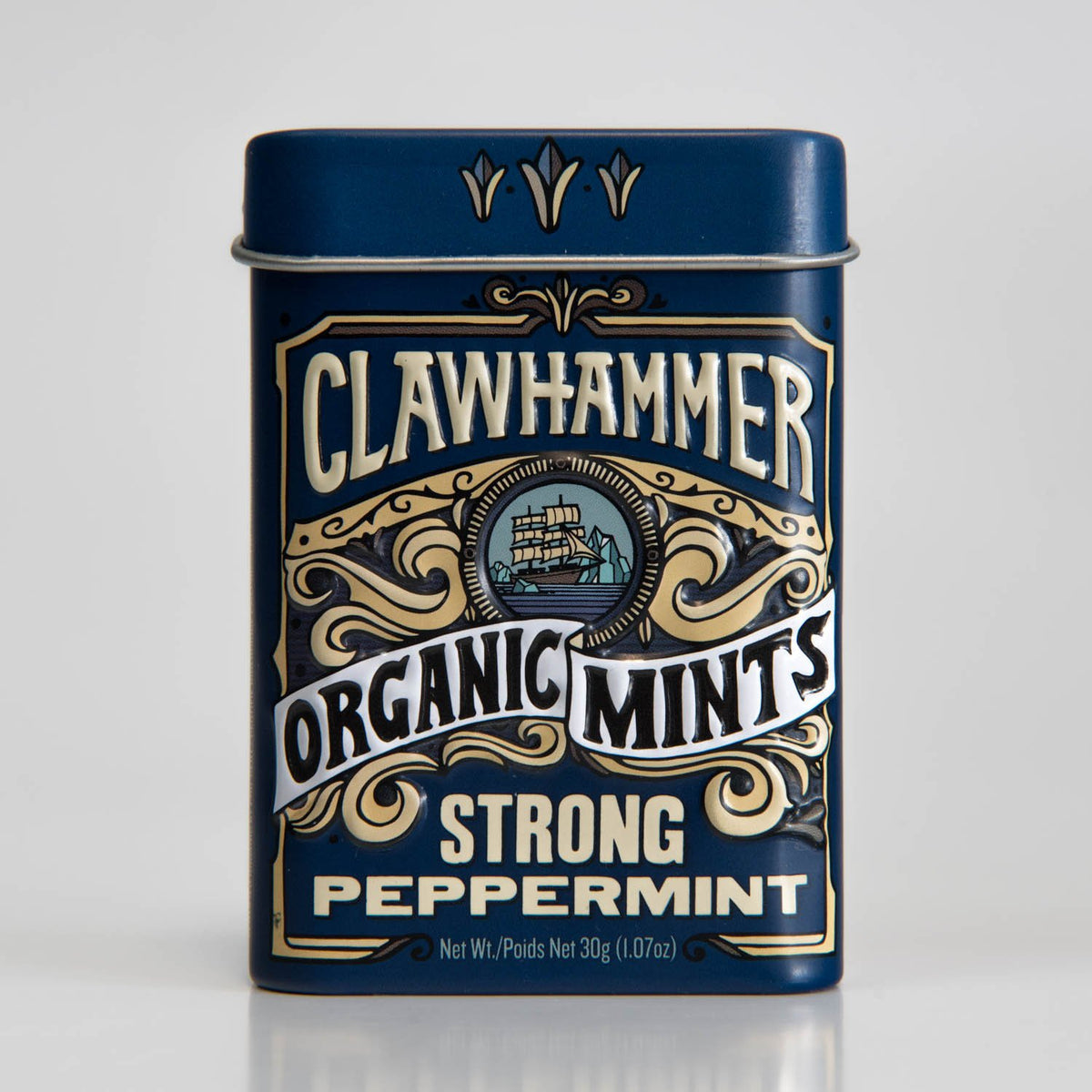 BoomQQ Clawhammer Mints tin front view for on-the-go freshness.