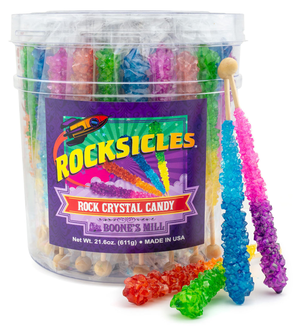 Boone's Mill Rocksicles orange cherry stick with bright candy crystals for festive color.