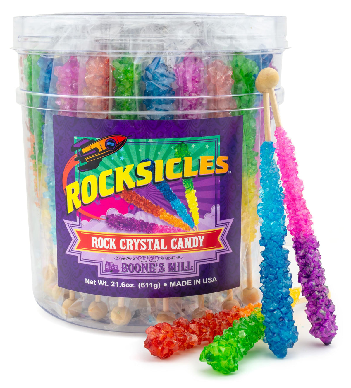 Boone's Mill Rocksicles orange cherry stick with bright candy crystals for festive color.