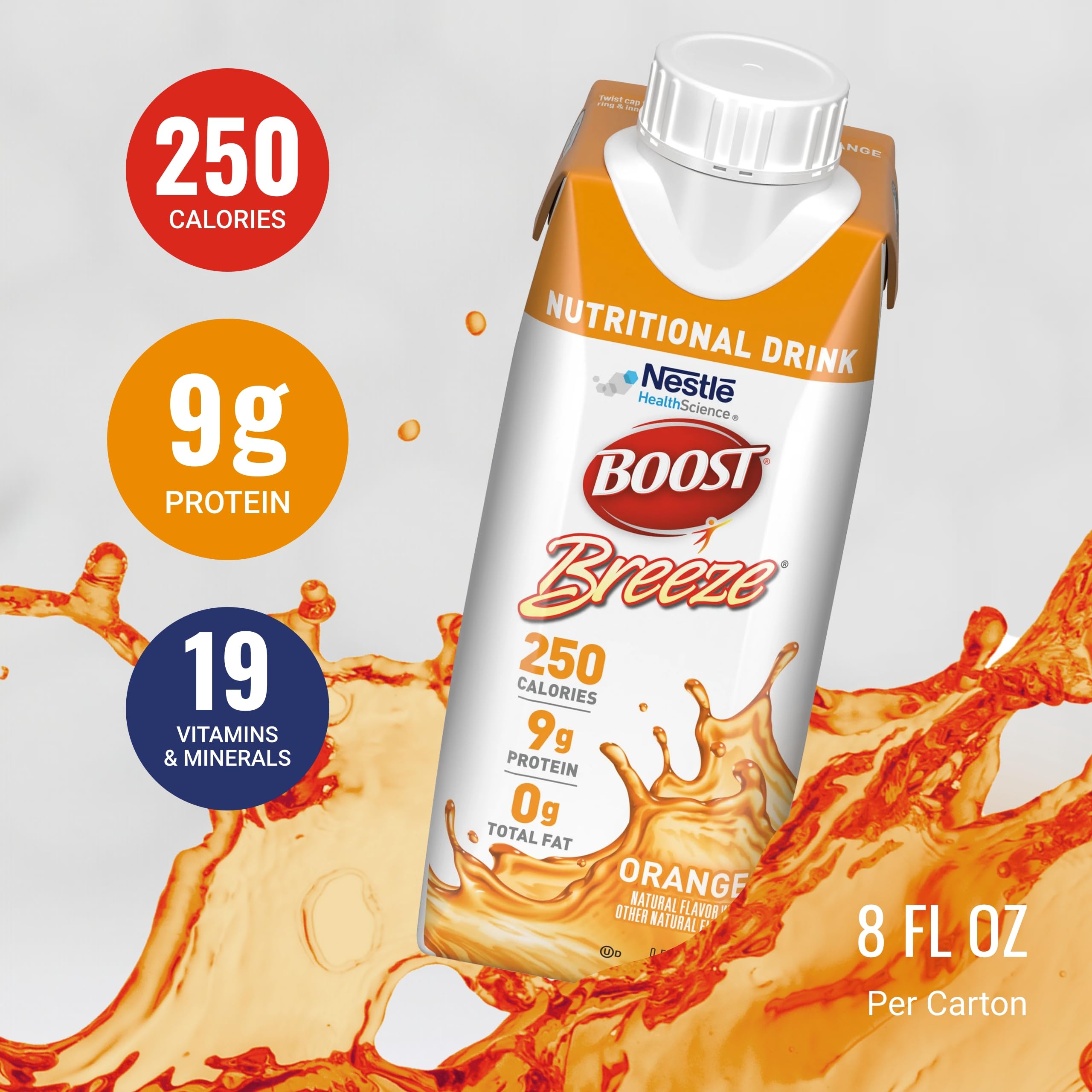 BOOST Breeze nutrition label highlights 19 vitamins and minerals per serving.