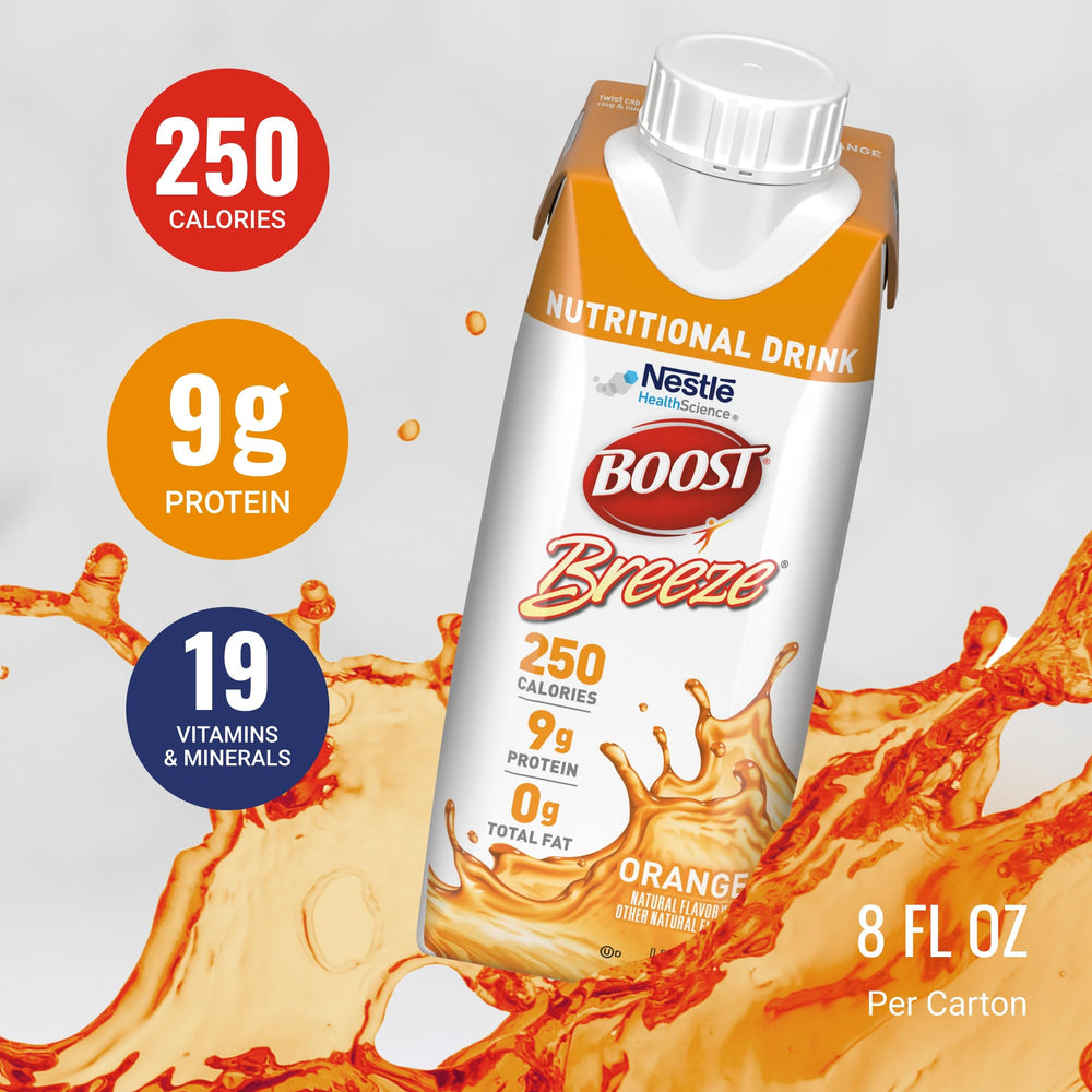 BOOST Breeze nutrition label highlights 19 vitamins and minerals per serving.