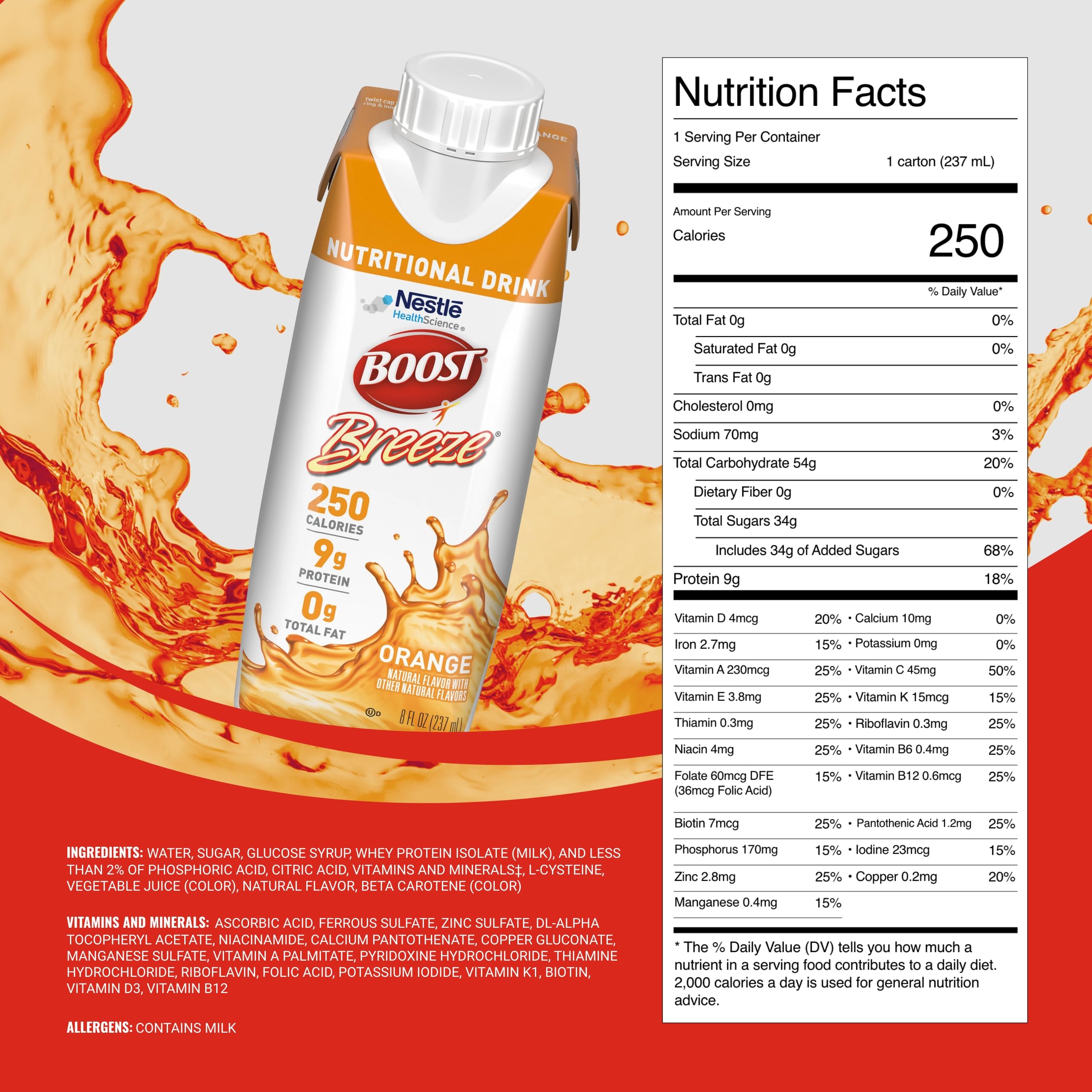 BOOST Breeze orange drink being poured for easy enjoyment after activity.