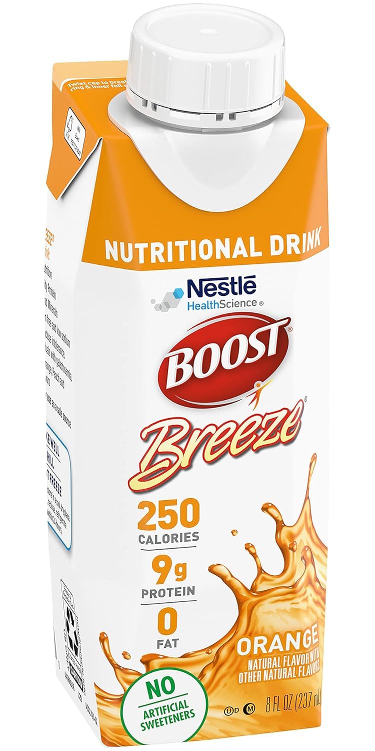 Ingredients panel on BOOST Breeze orange nutritional drink show vitamins and minerals.