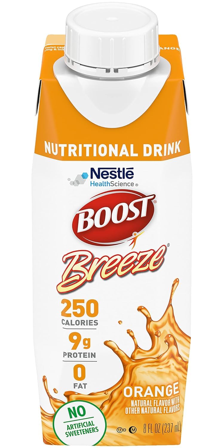 Boost Breeze orange nutritional drink label highlighting key nutrients.
