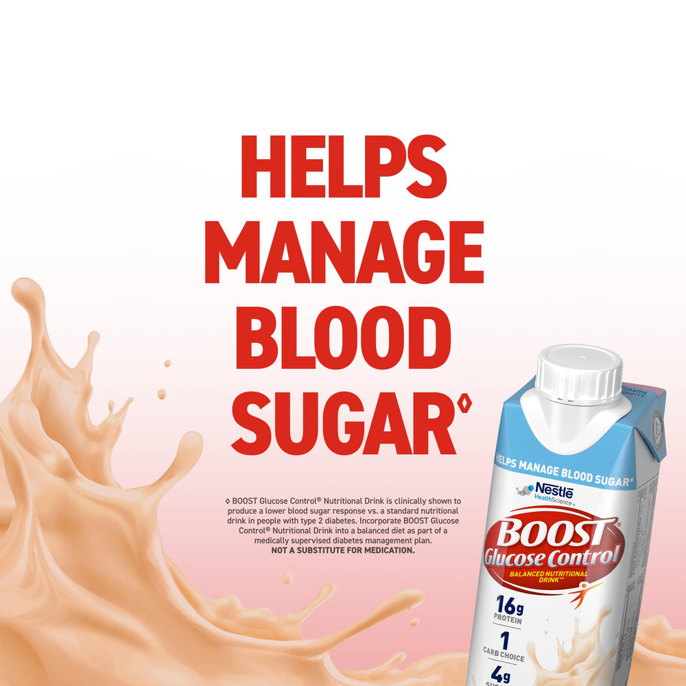 BOOST Glucose Control drink being poured demonstrates smooth texture and creamy flavor