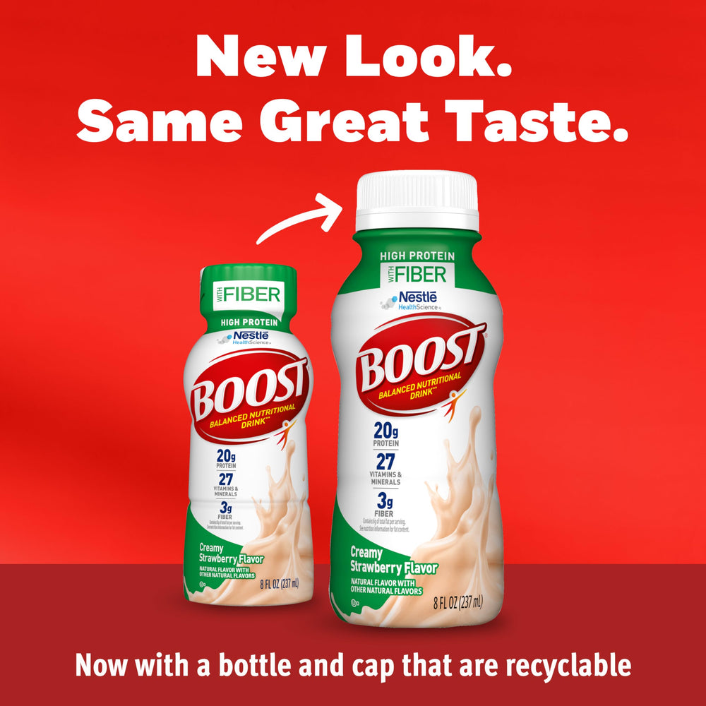 BOOST High Protein with Fiber bottle pouring into glass for on-the-go nutrition.
