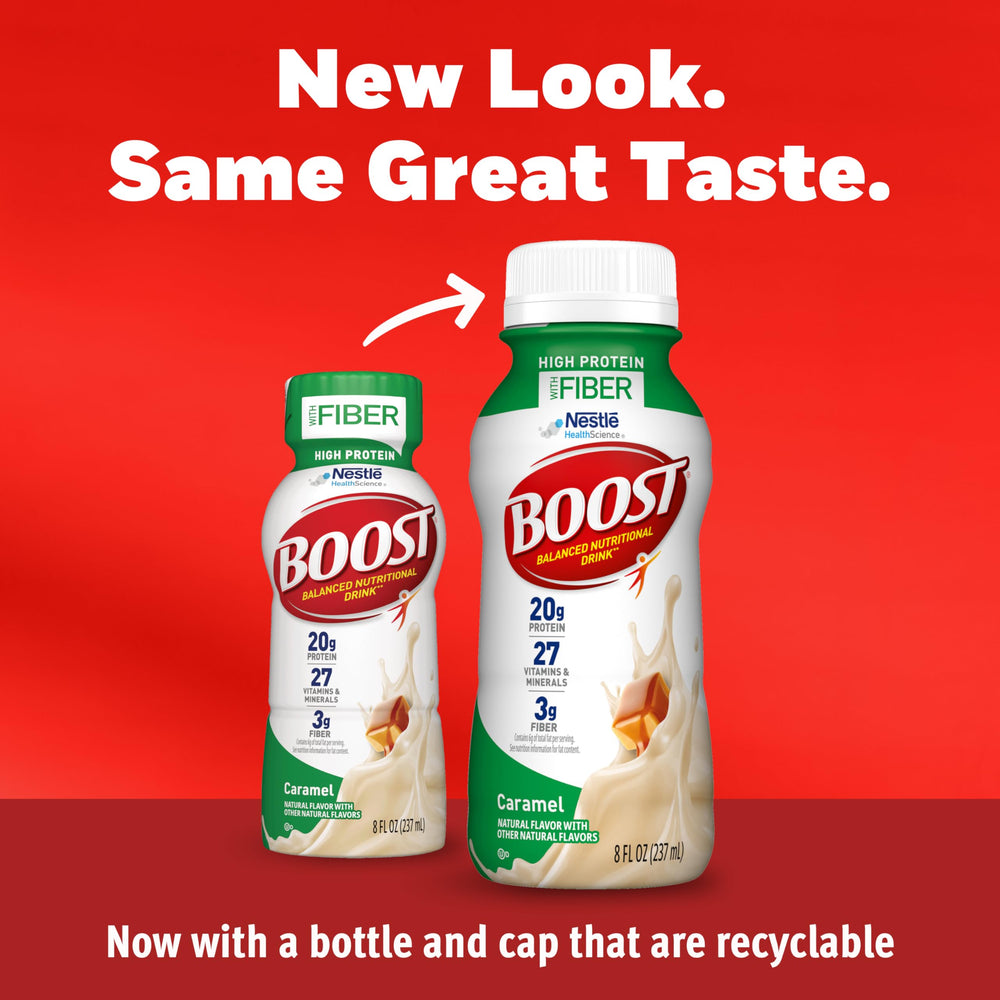 BOOST High Protein with Fiber caramel bottle front view highlighting packaging