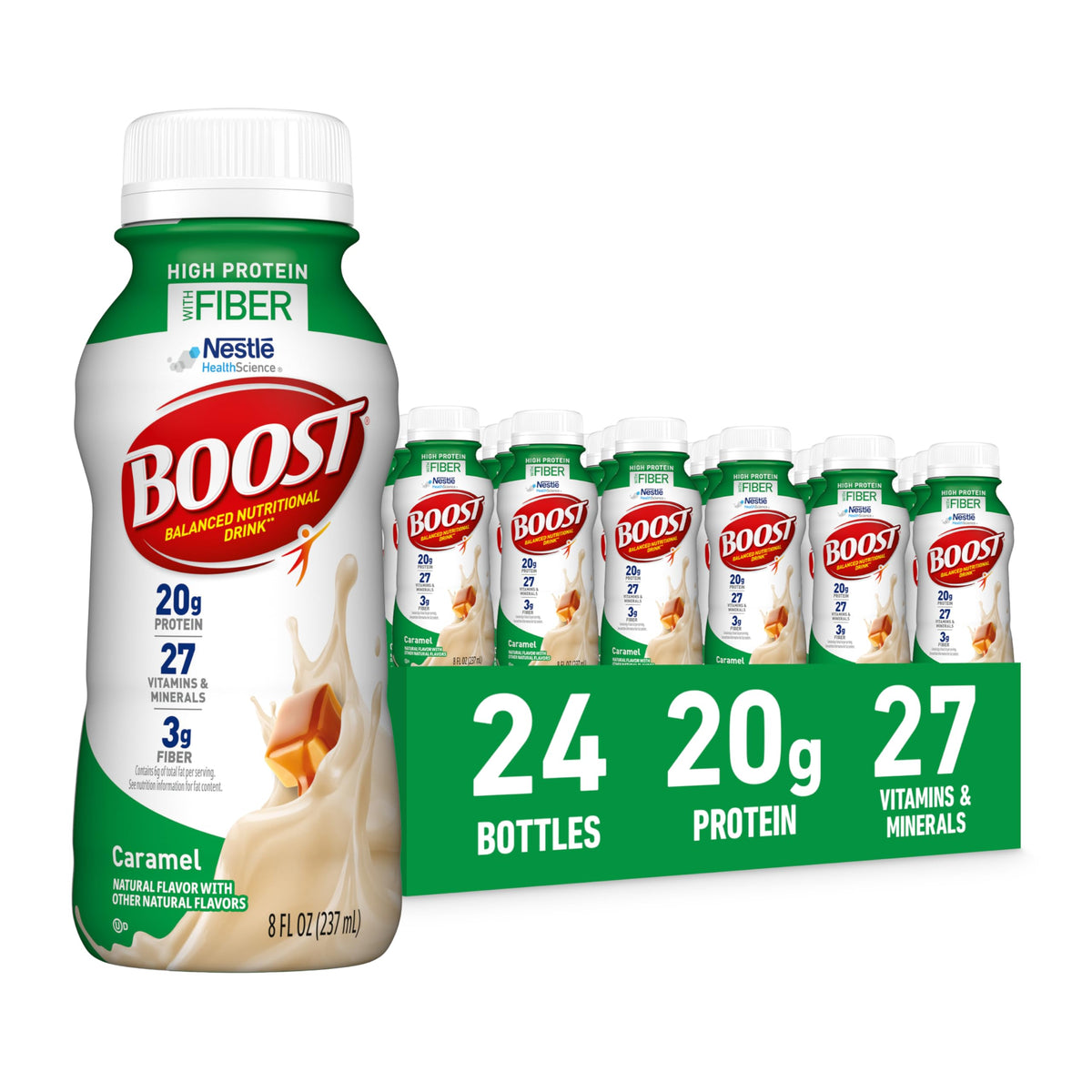 BOOST High Protein with Fiber caramel bottle pour showing quick protein intake