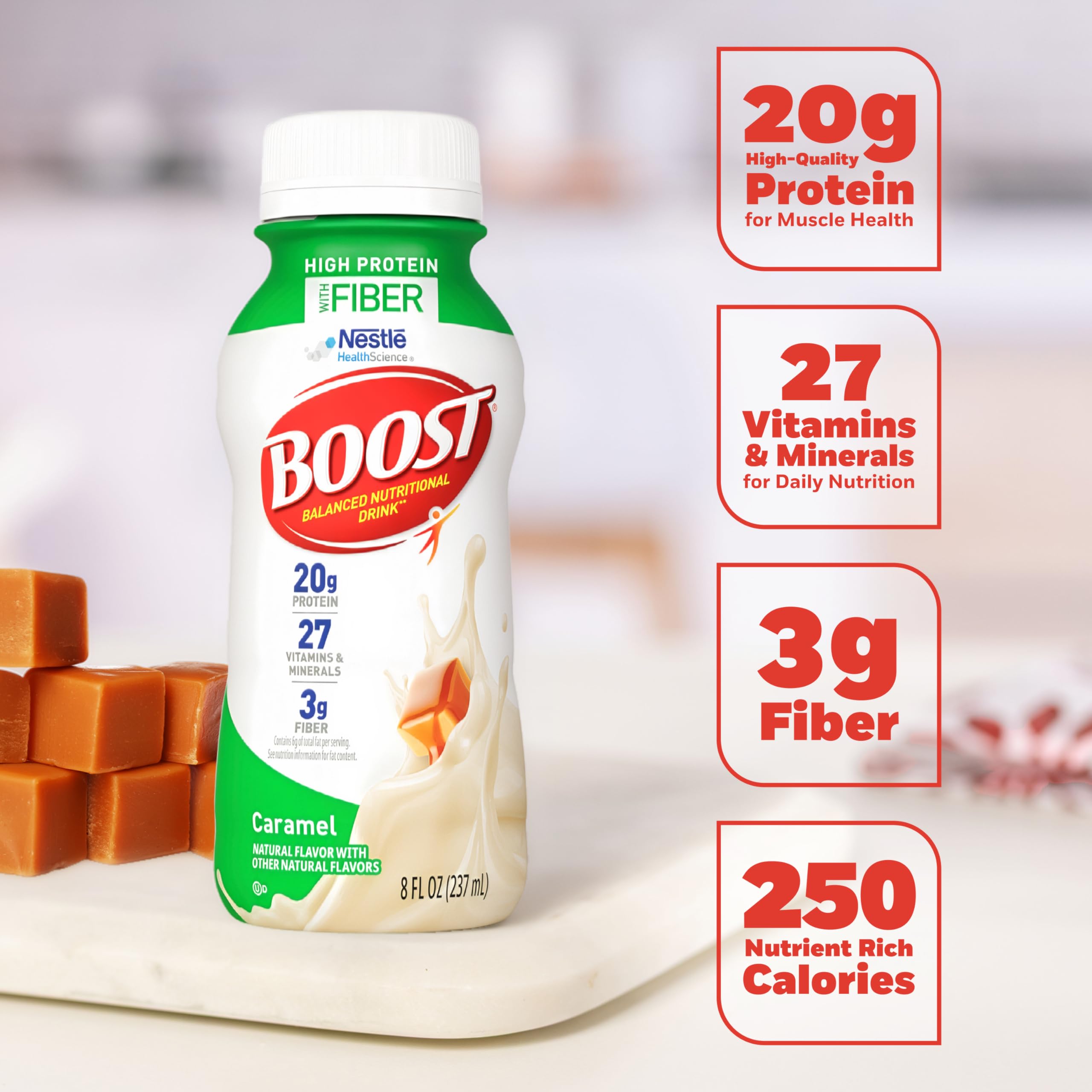 BOOST High Protein with Fiber glass with caramel shake ready for workouts