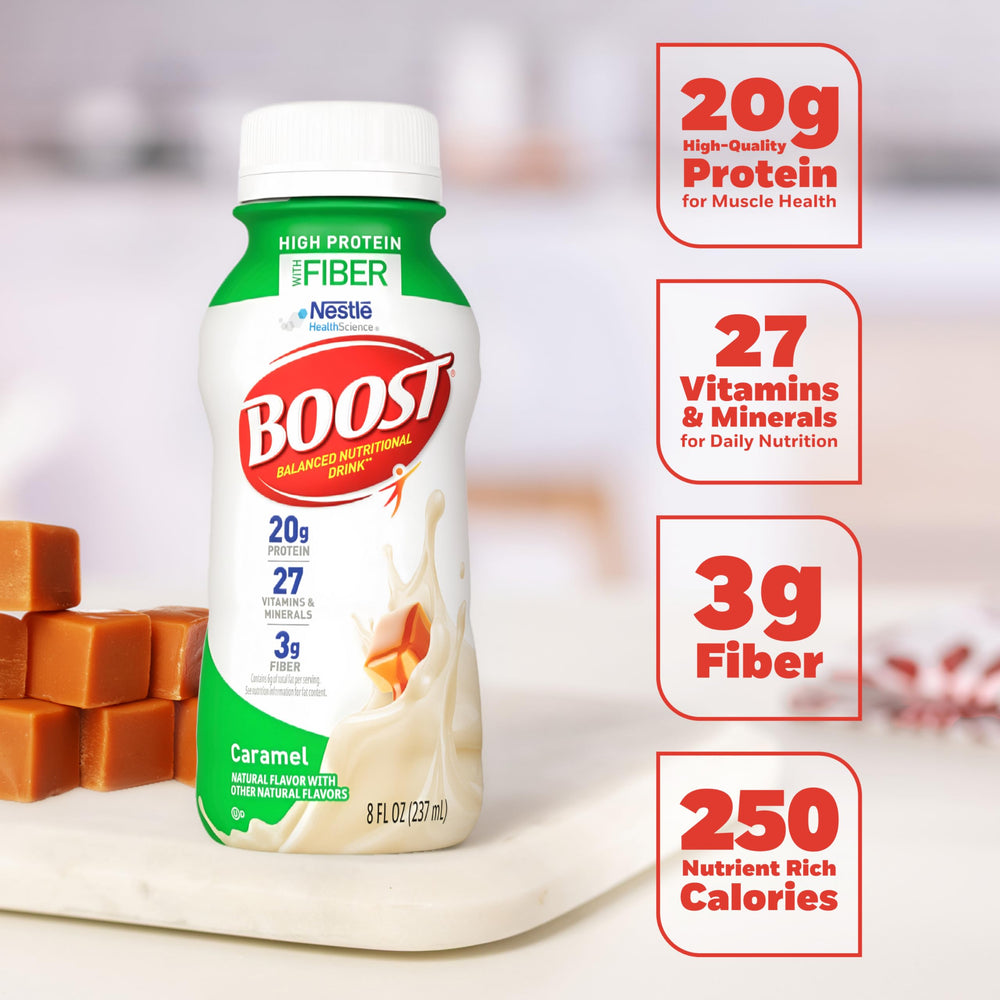 BOOST High Protein with Fiber glass with caramel shake ready for workouts