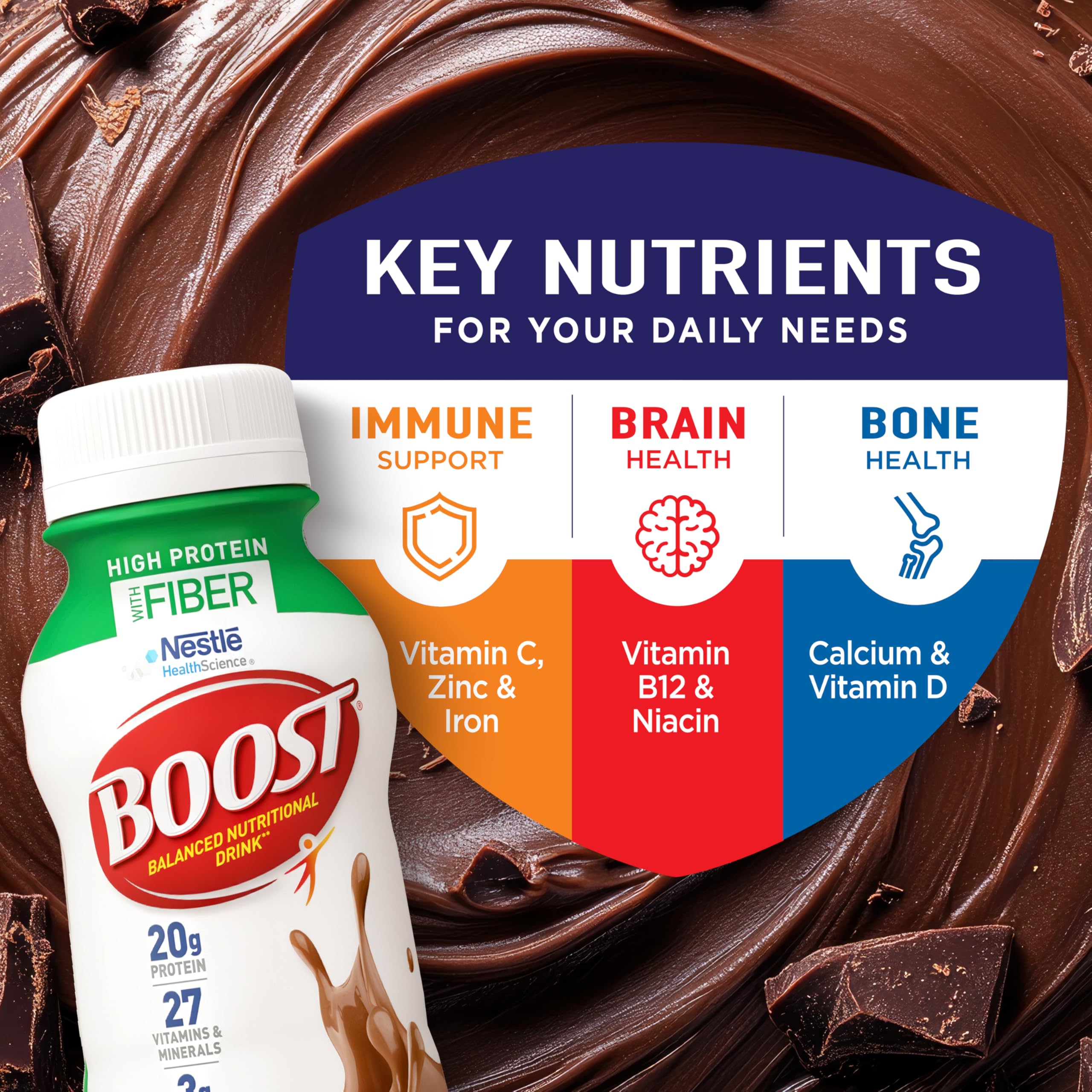 BOOST High Protein with Fiber chocolate glass serve ready-to-drink for active days