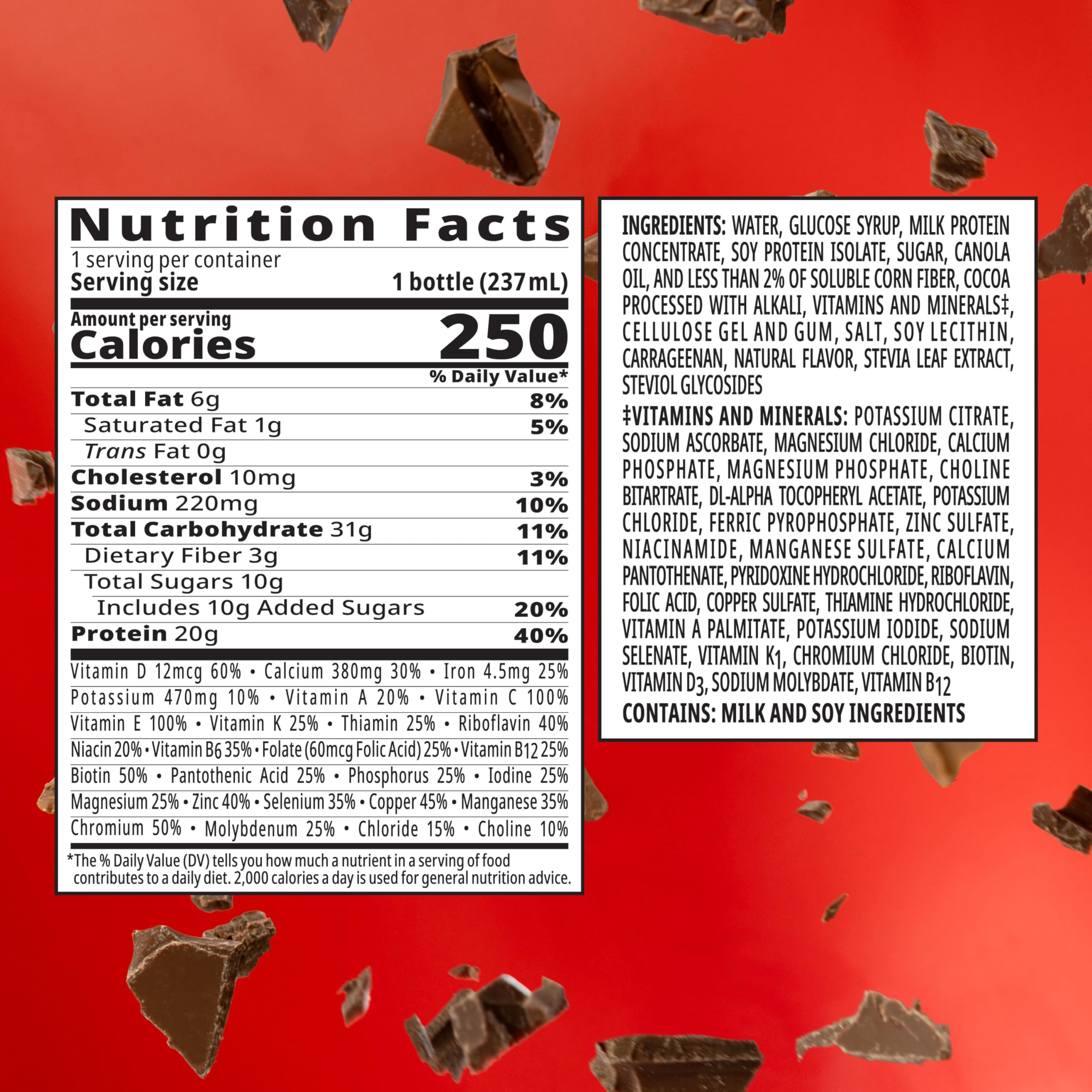 BOOST High Protein with Fiber chocolate ingredient list notes fiber and protein blend