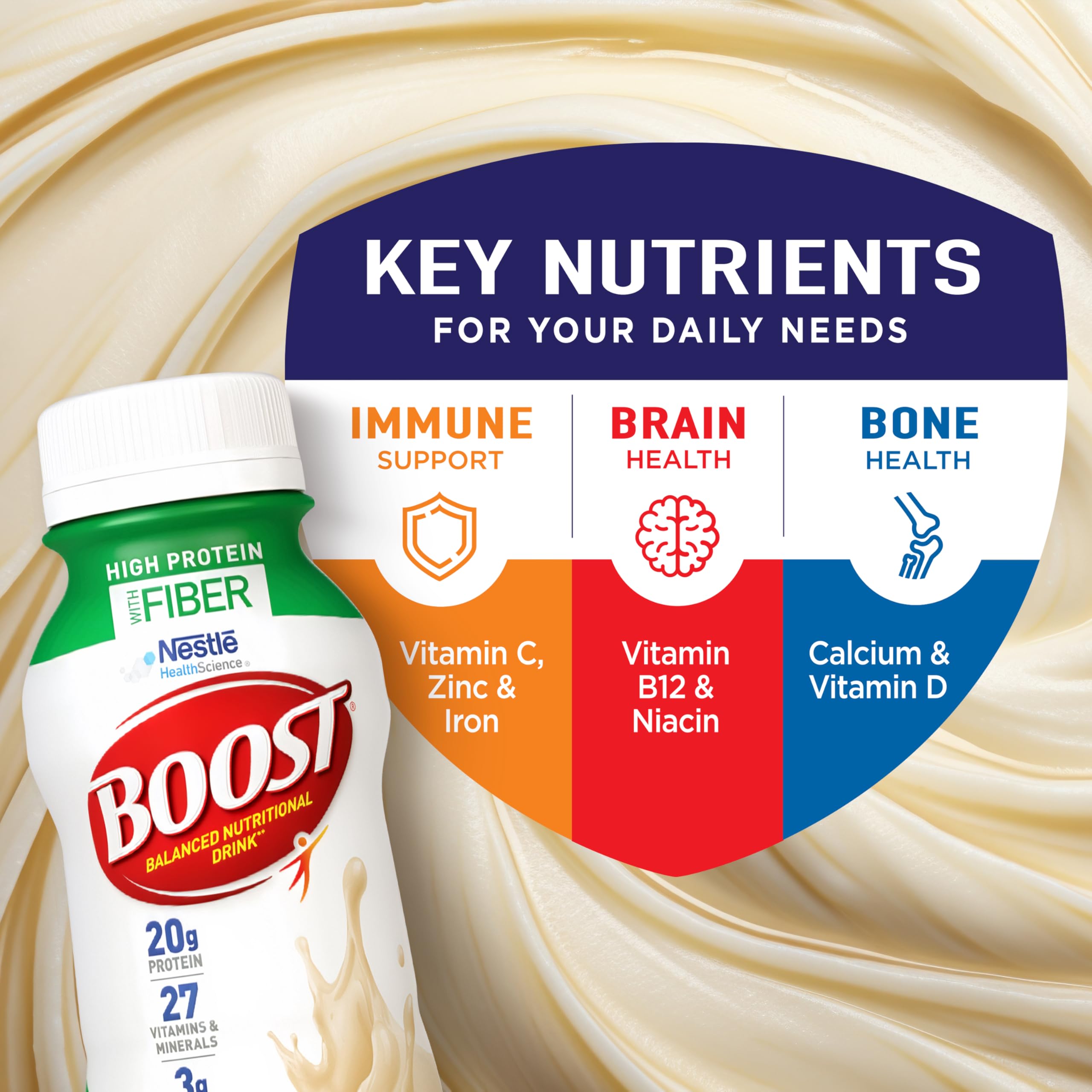 Nutrition label on BOOST High Protein with Fiber vanilla shows 20g protein and 3g fiber.