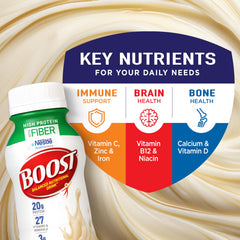 Nutrition label on BOOST High Protein with Fiber vanilla shows 20g protein and 3g fiber.