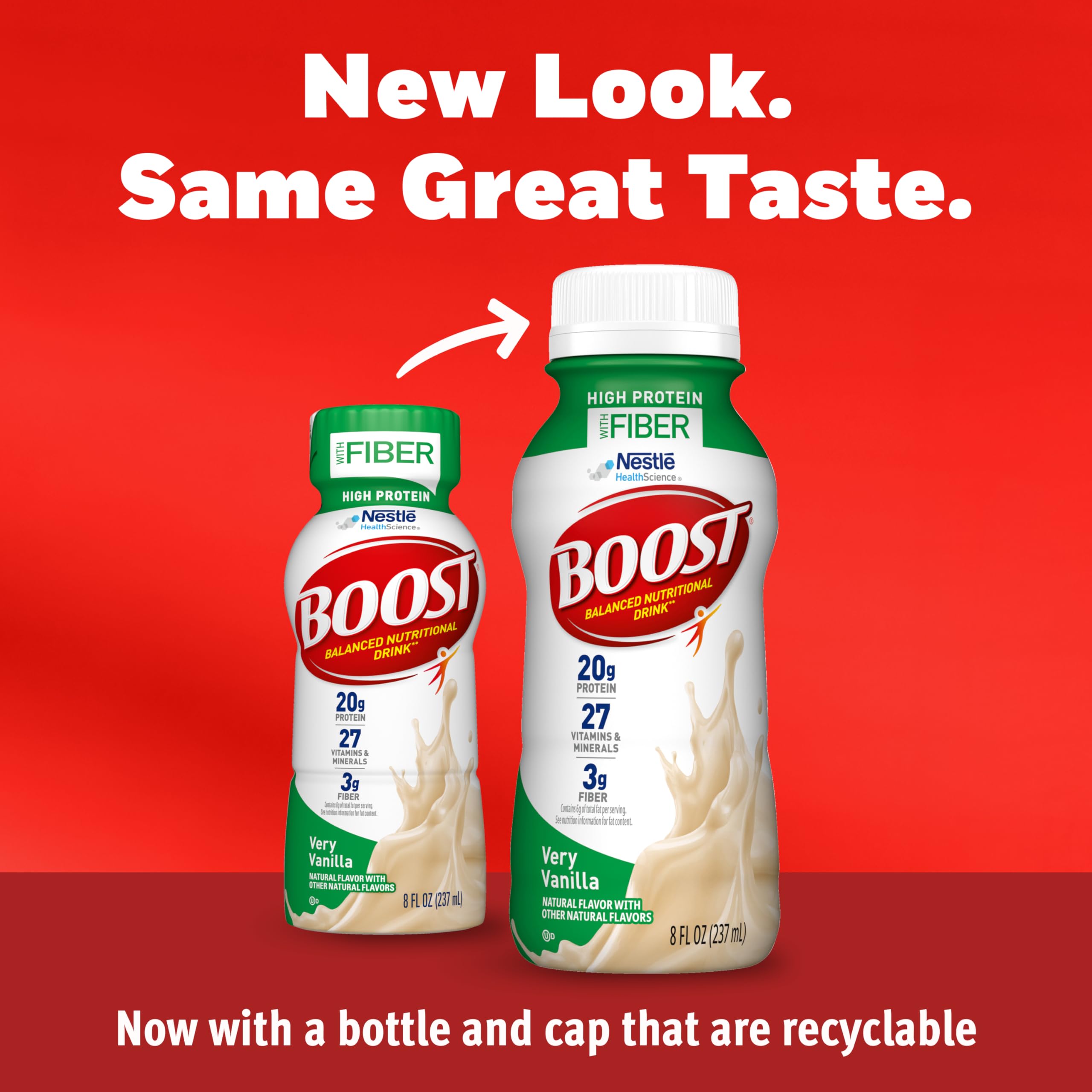 BOOST High Protein with Fiber vanilla bottle being poured for a quick, balanced meal.