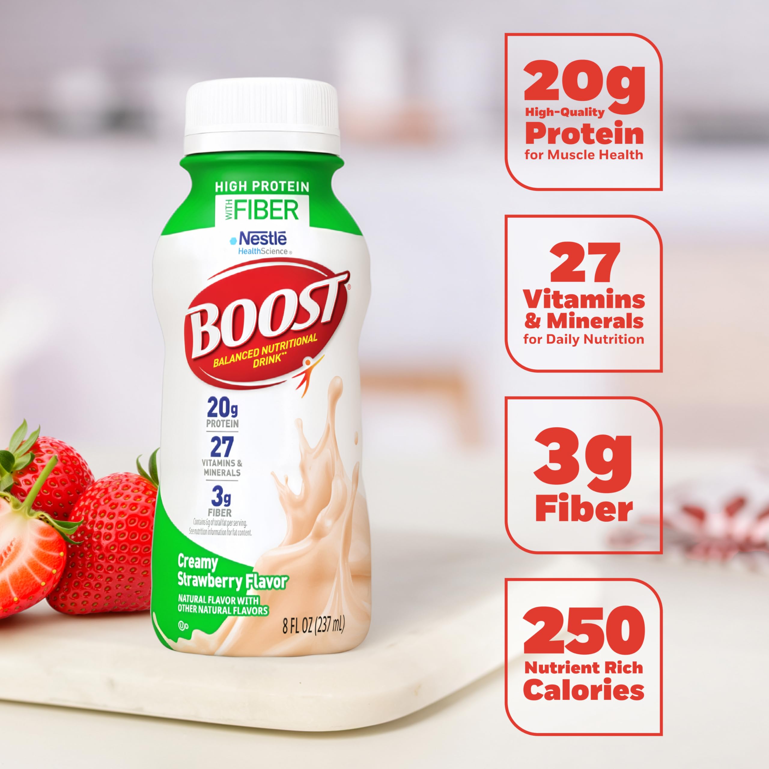 BOOST Nutrition facts label showing 3 g fiber and 27 vitamins and minerals.