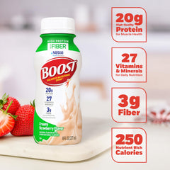 BOOST Nutrition facts label showing 3 g fiber and 27 vitamins and minerals.