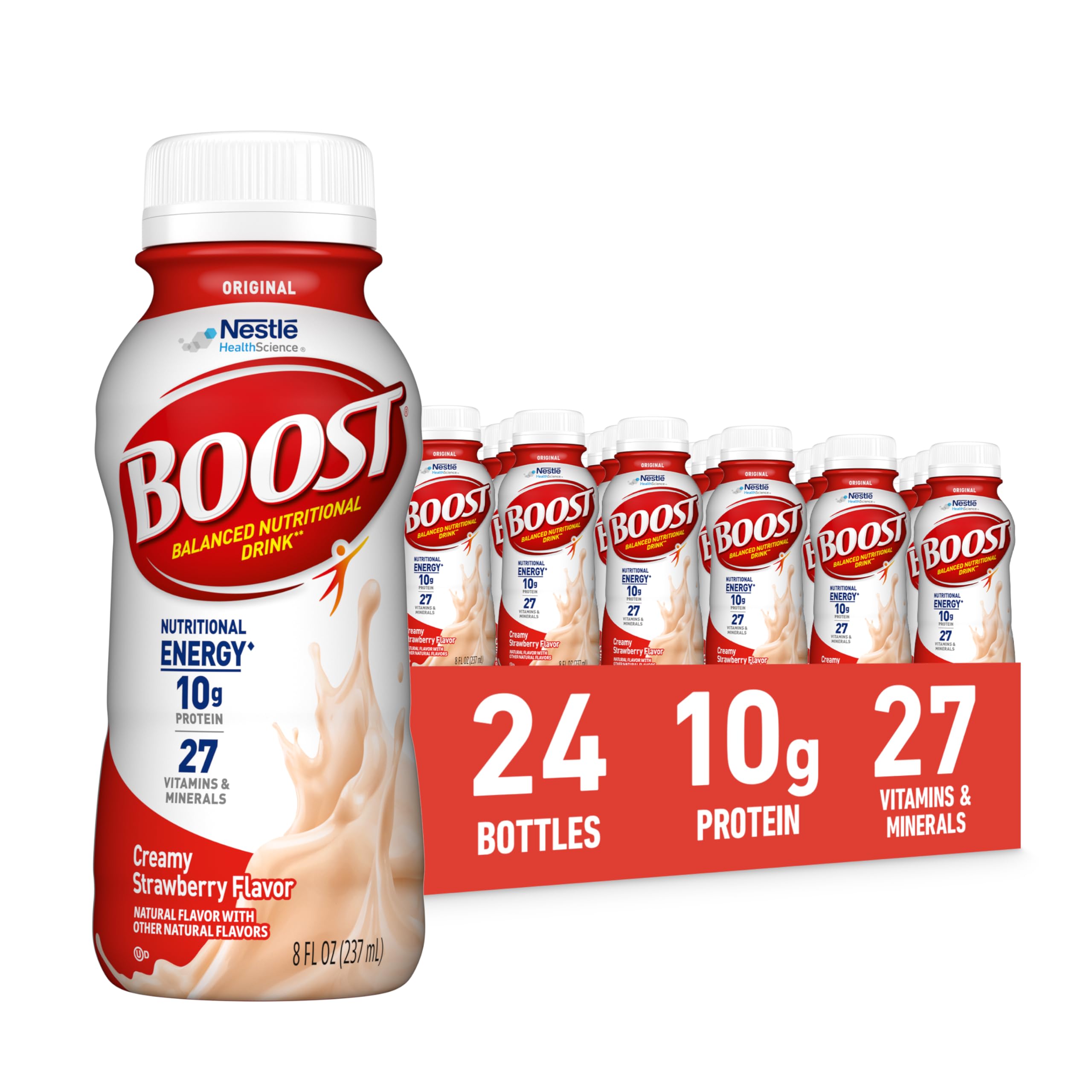 BOOST Original Creamy Strawberry bottle front, on-the-go nutrition ready to drink