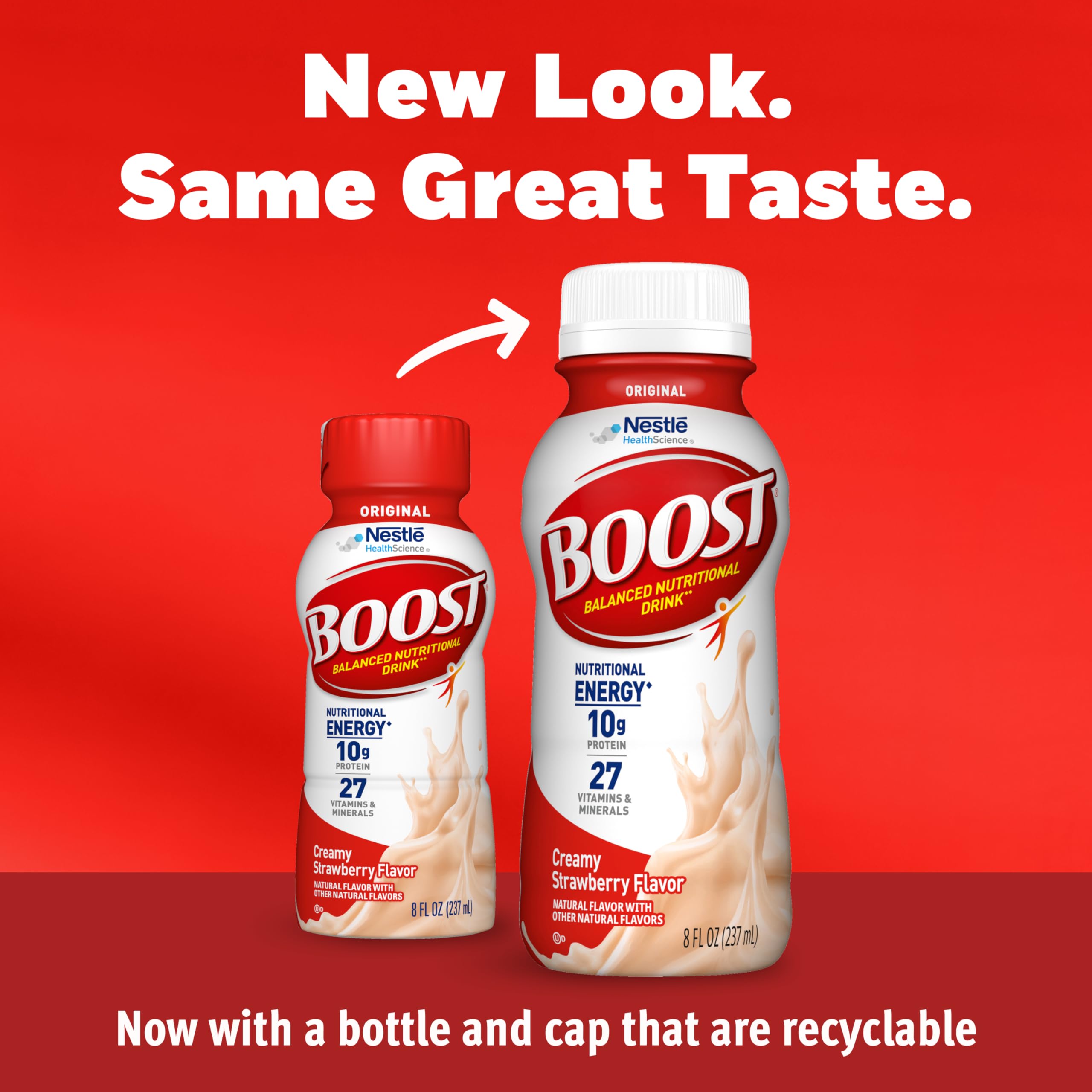 BOOST Original Creamy Strawberry bottle side, 8 fl oz convenient portion