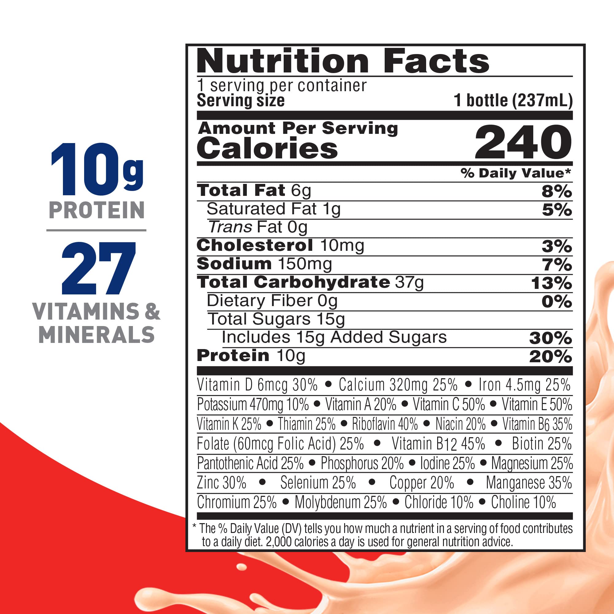 Nutrition facts panel on BOOST Original Creamy Strawberry showing calories and protein