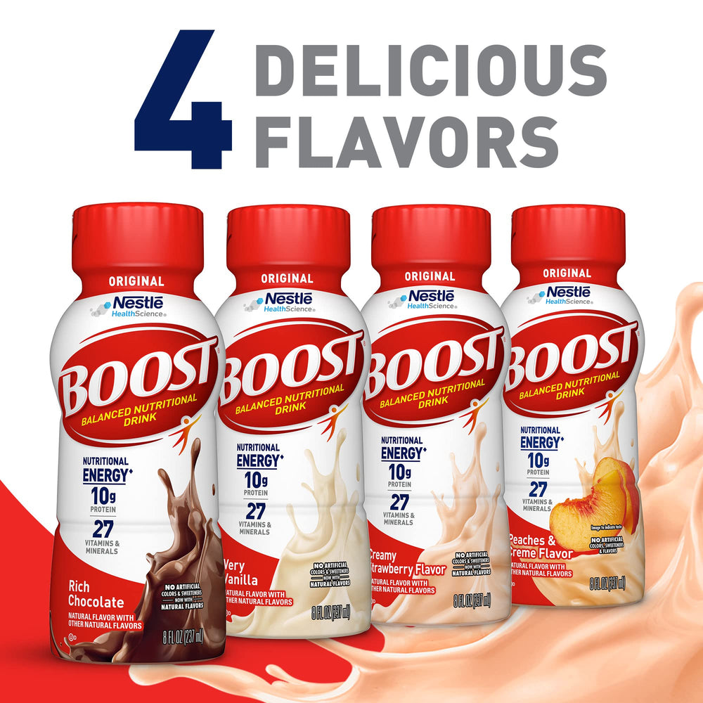 Chilled BOOST Original Creamy Strawberry served with fresh fruit for flavor pairings