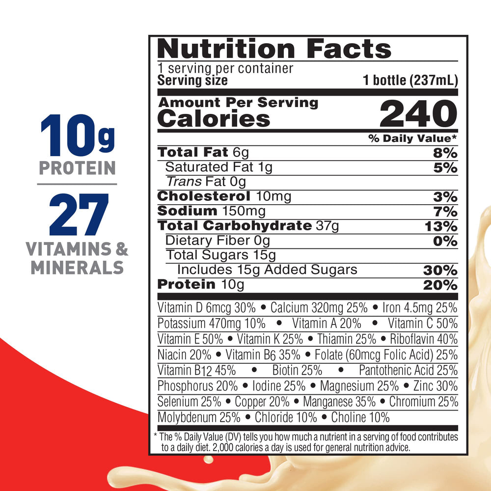 Nutrition facts panel for BOOST Original Vanilla bottle