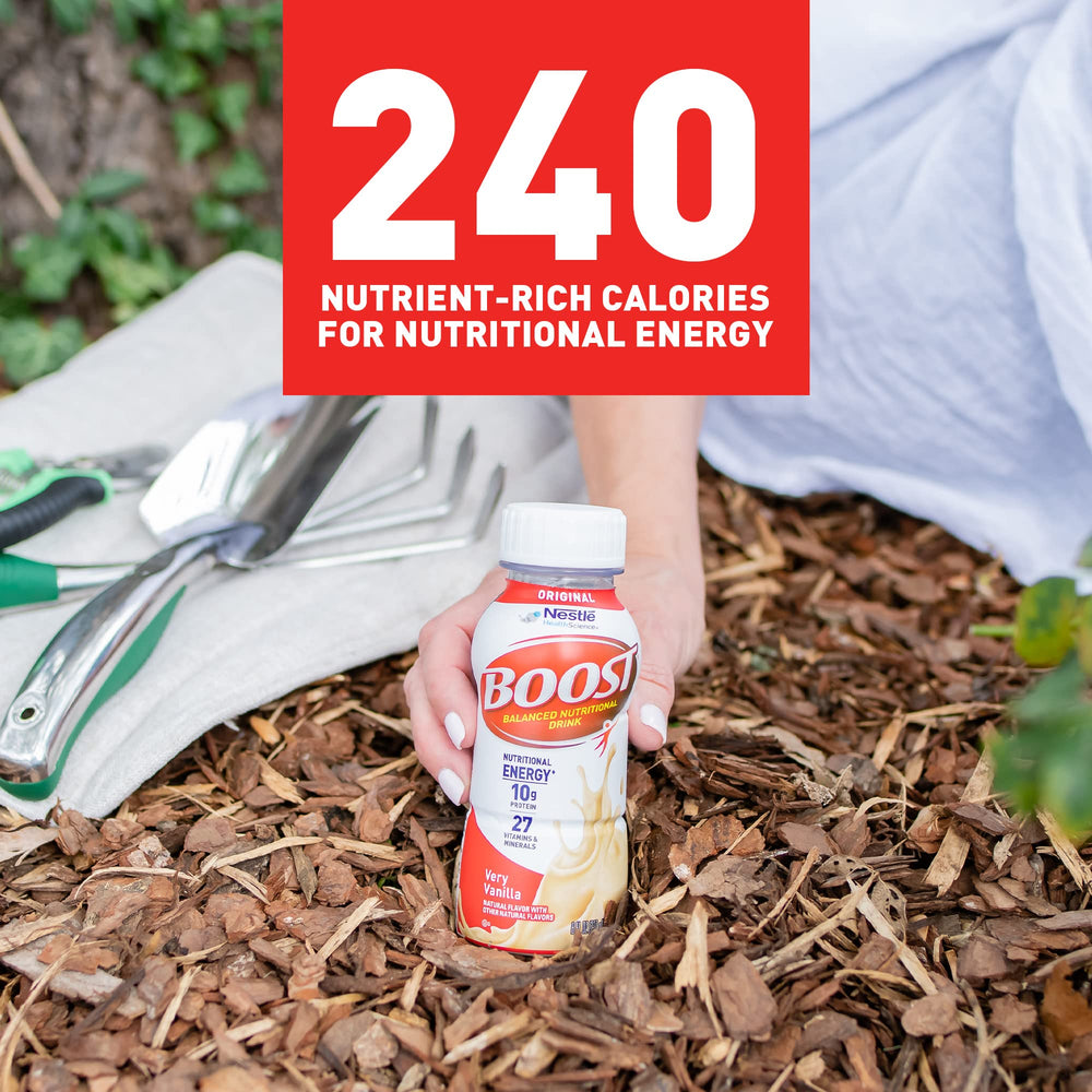 Close-up of BOOST Original Vanilla nutrition label and calories