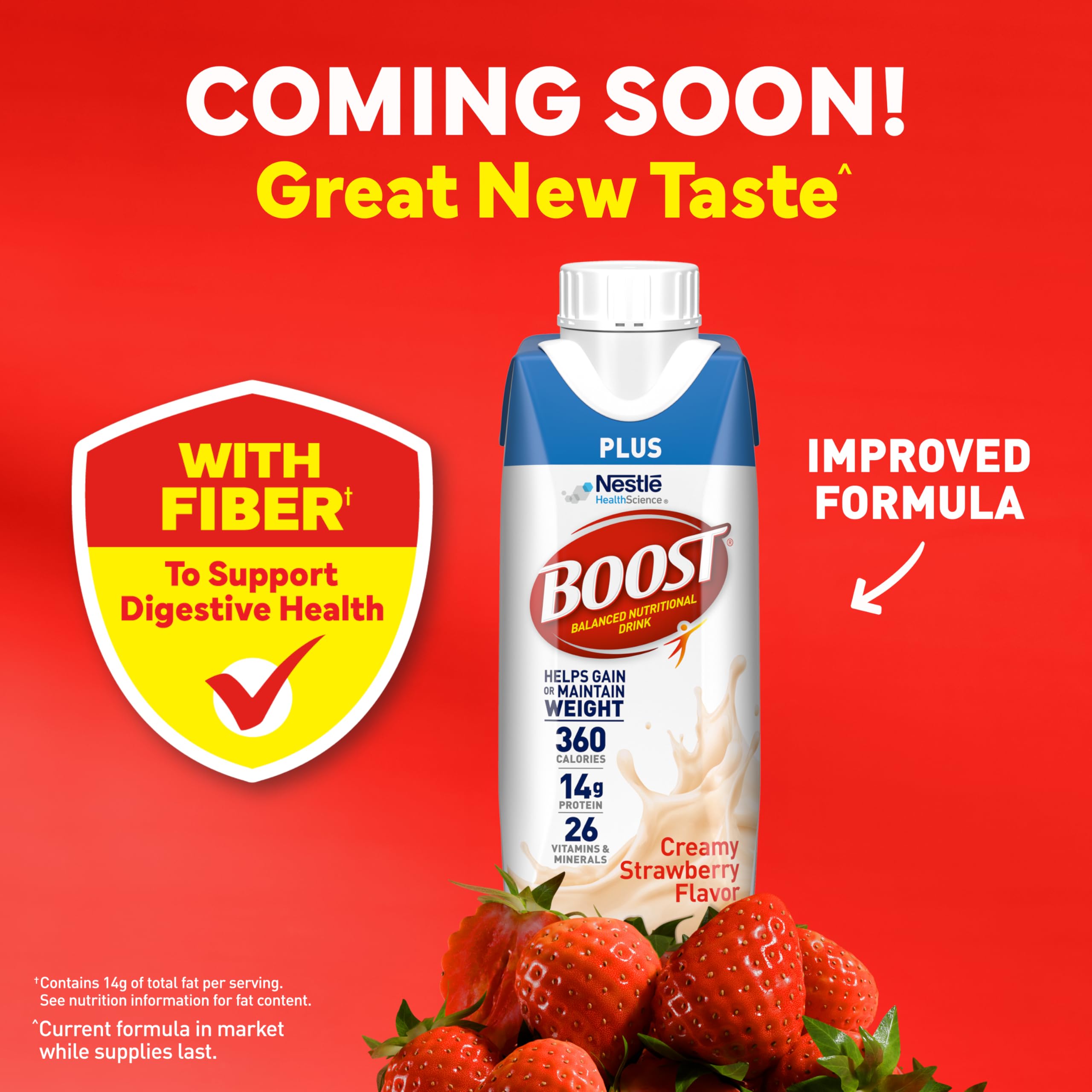 BOOST Plus Creamy Strawberry bottle pour highlights quick calories for weight goals.