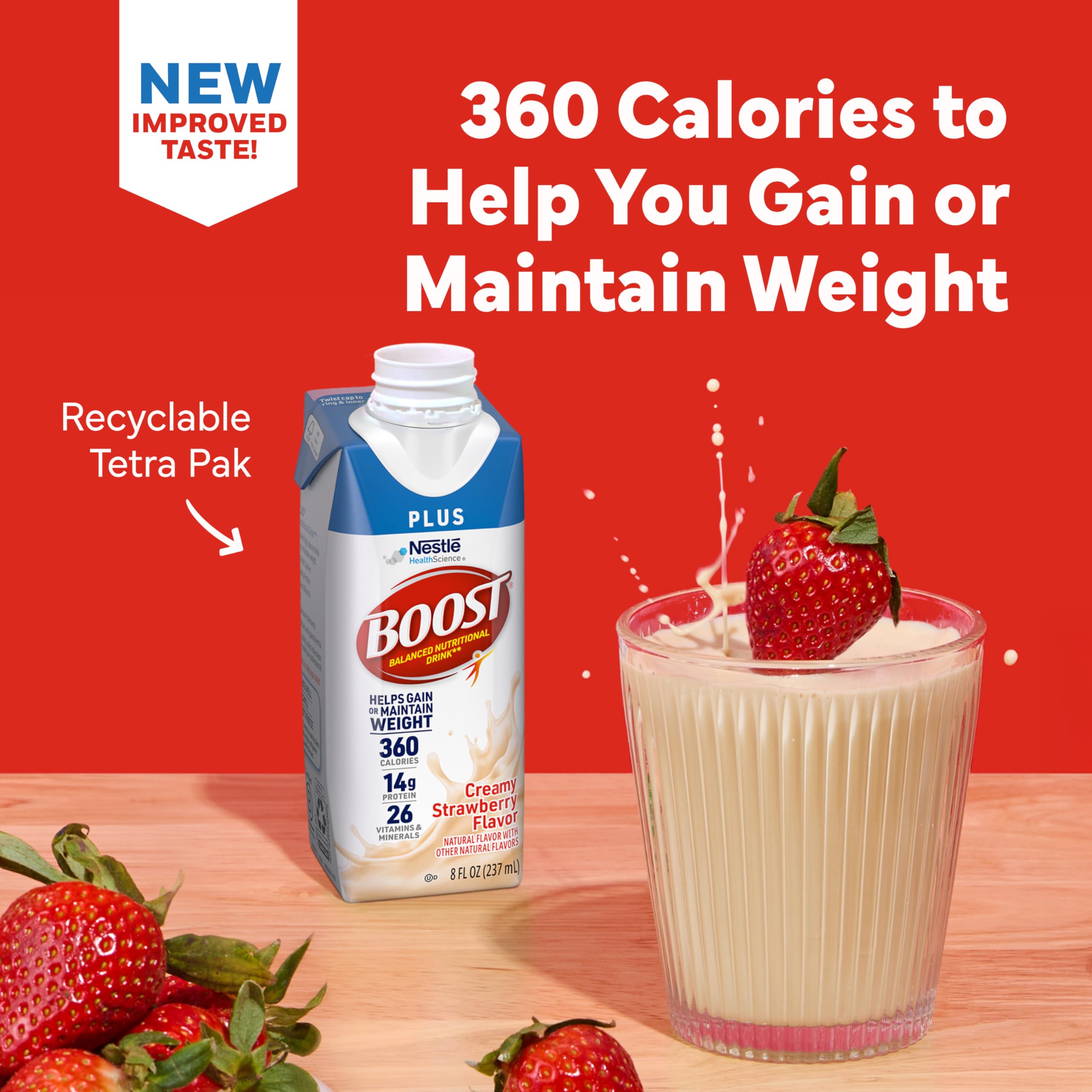 BOOST Plus nutrition facts label communicates 360 calories and 14 g protein per bottle.