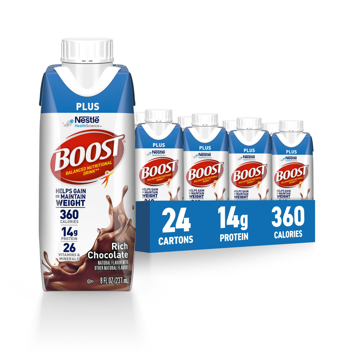 BOOST Plus Rich Chocolate bottle front for a calorie-dense meal boost.