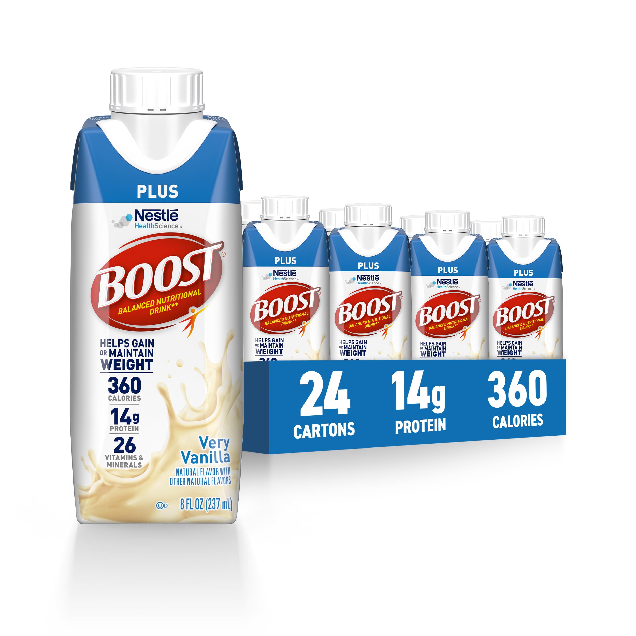 BOOST Plus Vanilla bottle pour showing creamy nutrition for busy mornings