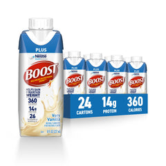 BOOST Plus Vanilla bottle pour showing creamy nutrition for busy mornings