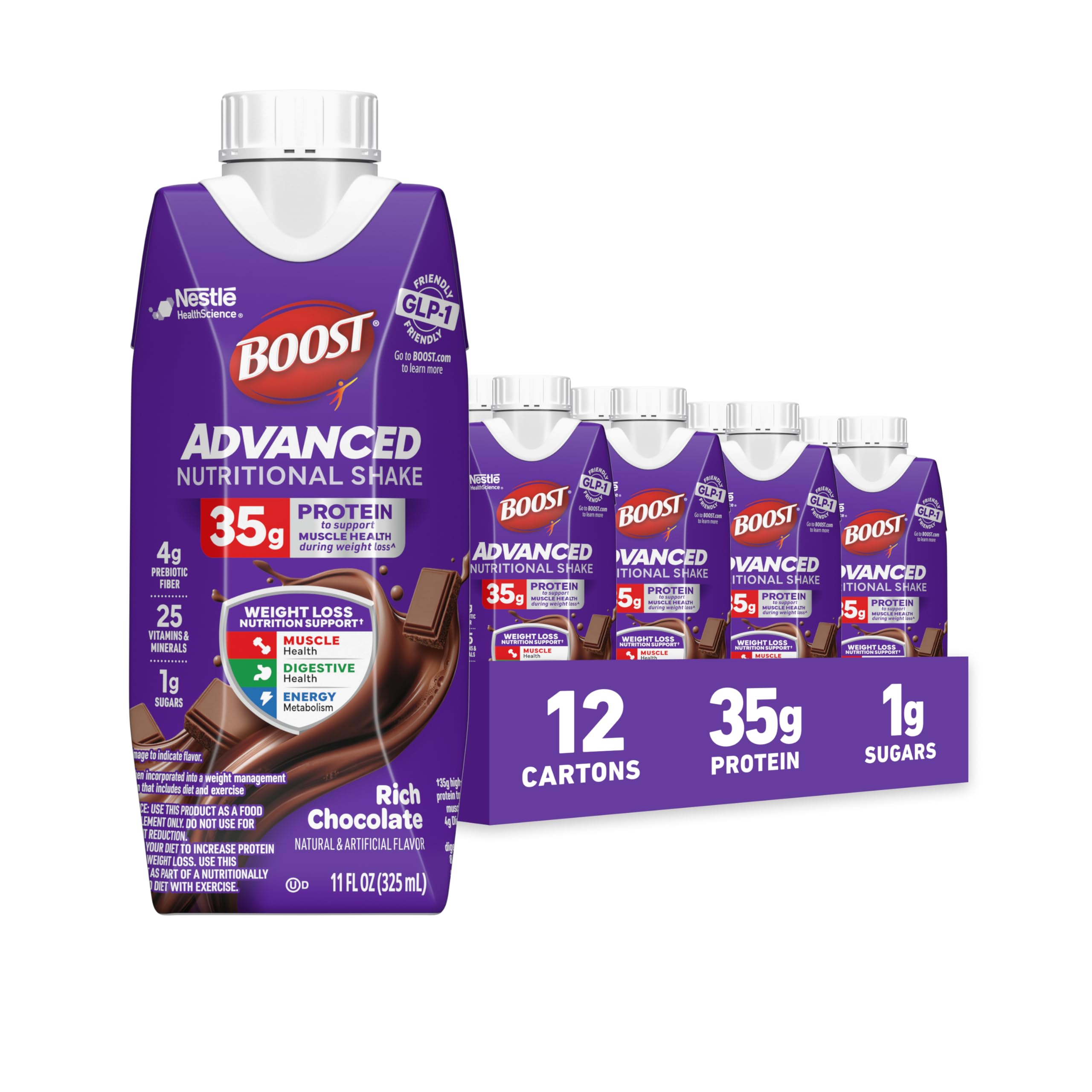 BOOST Rich Chocolate bottle pour showing 35g protein for muscle health