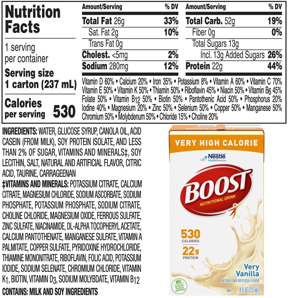 BOOST Very High Calorie Vanilla label close-up with vitamins and minerals