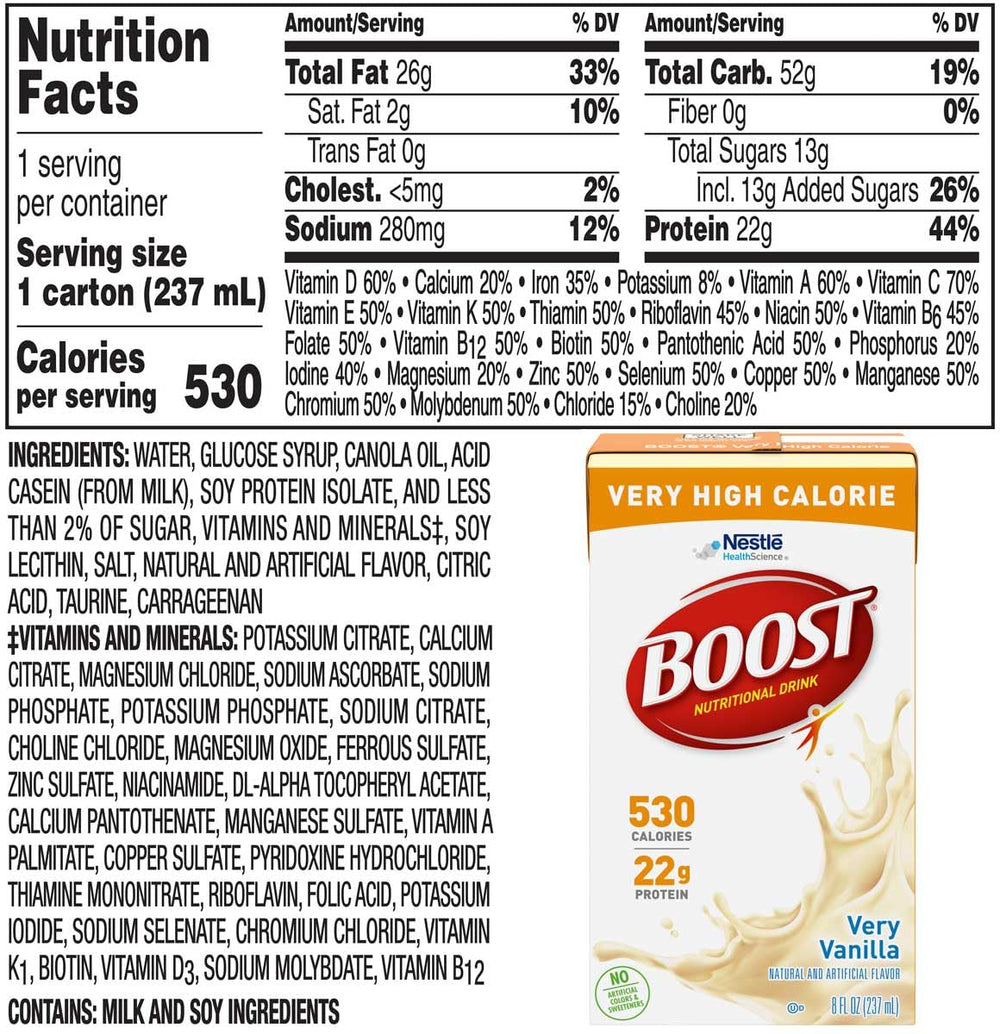 BOOST Very High Calorie Vanilla label close-up with vitamins and minerals