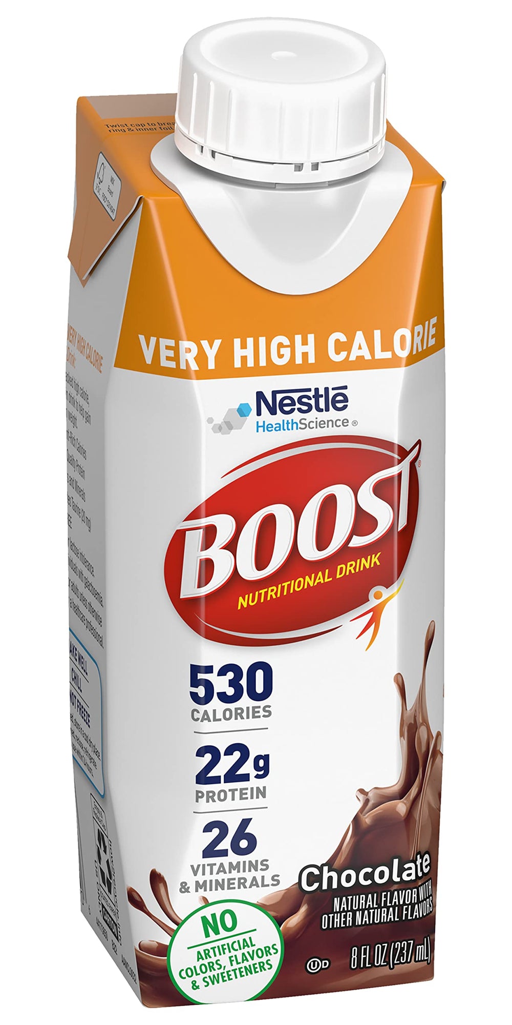 BOOST Very High Calorie Chocolate 12-pack box showcases value and convenient storage.